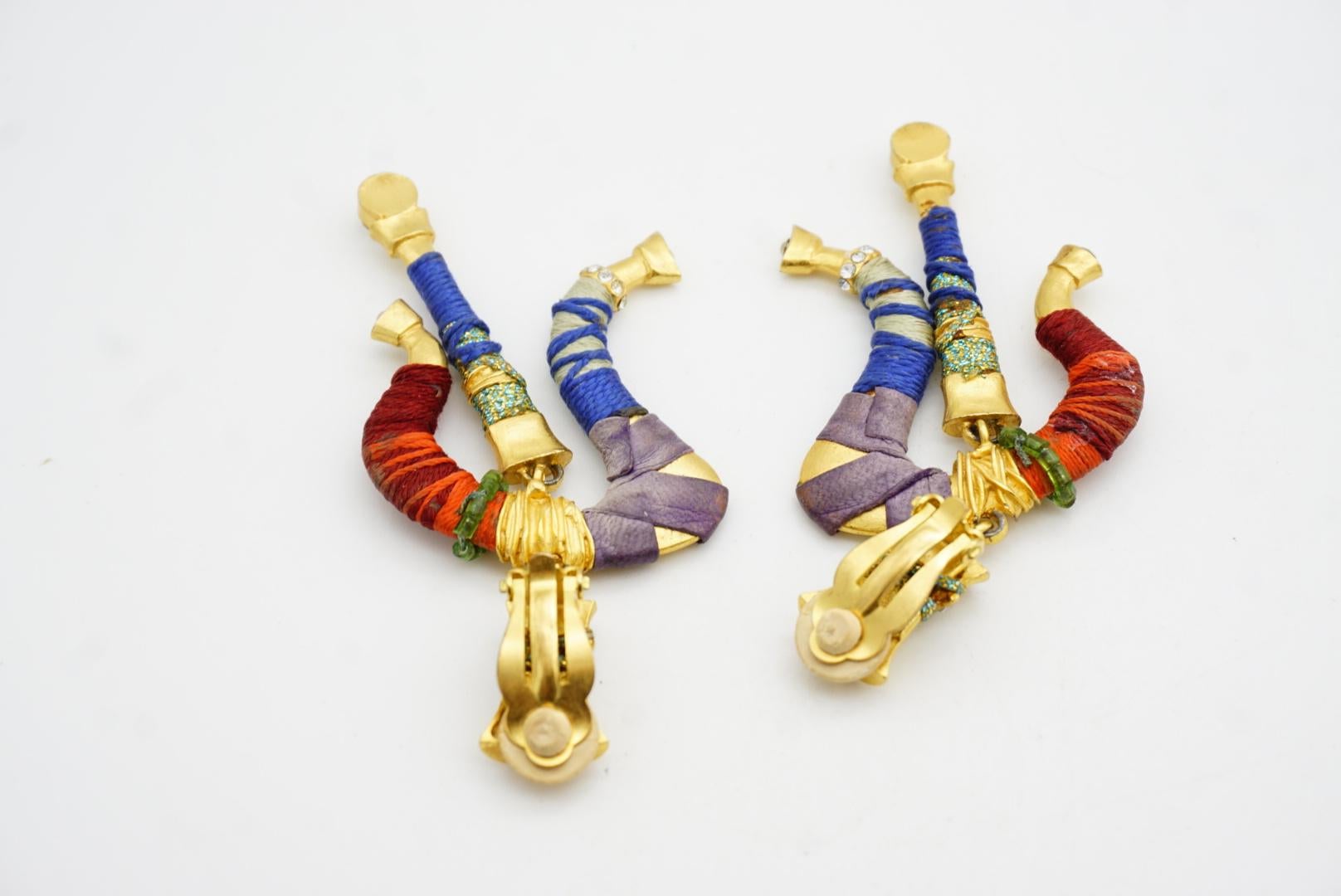 Christian Lacroix Vintage Masai Crystals Red Navy Green Dangle Chunky Earrings For Sale 8