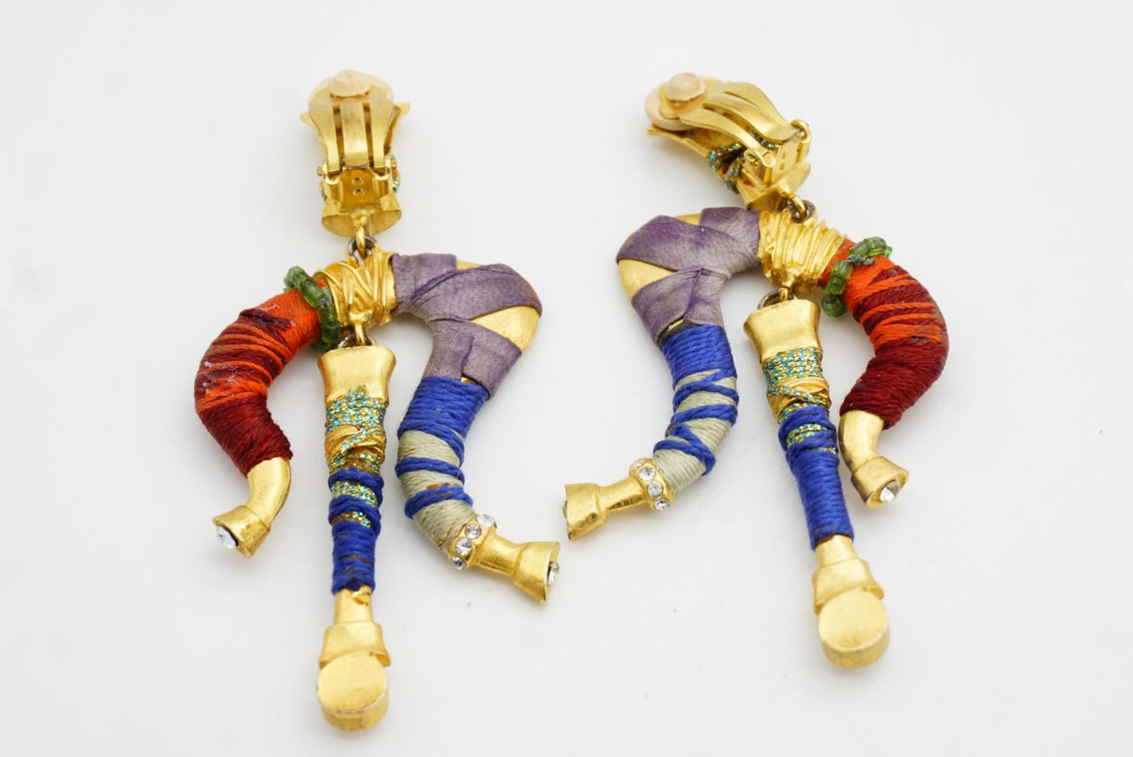 Christian Lacroix Vintage Masai Crystals Red Navy Green Dangle Chunky Earrings For Sale 10