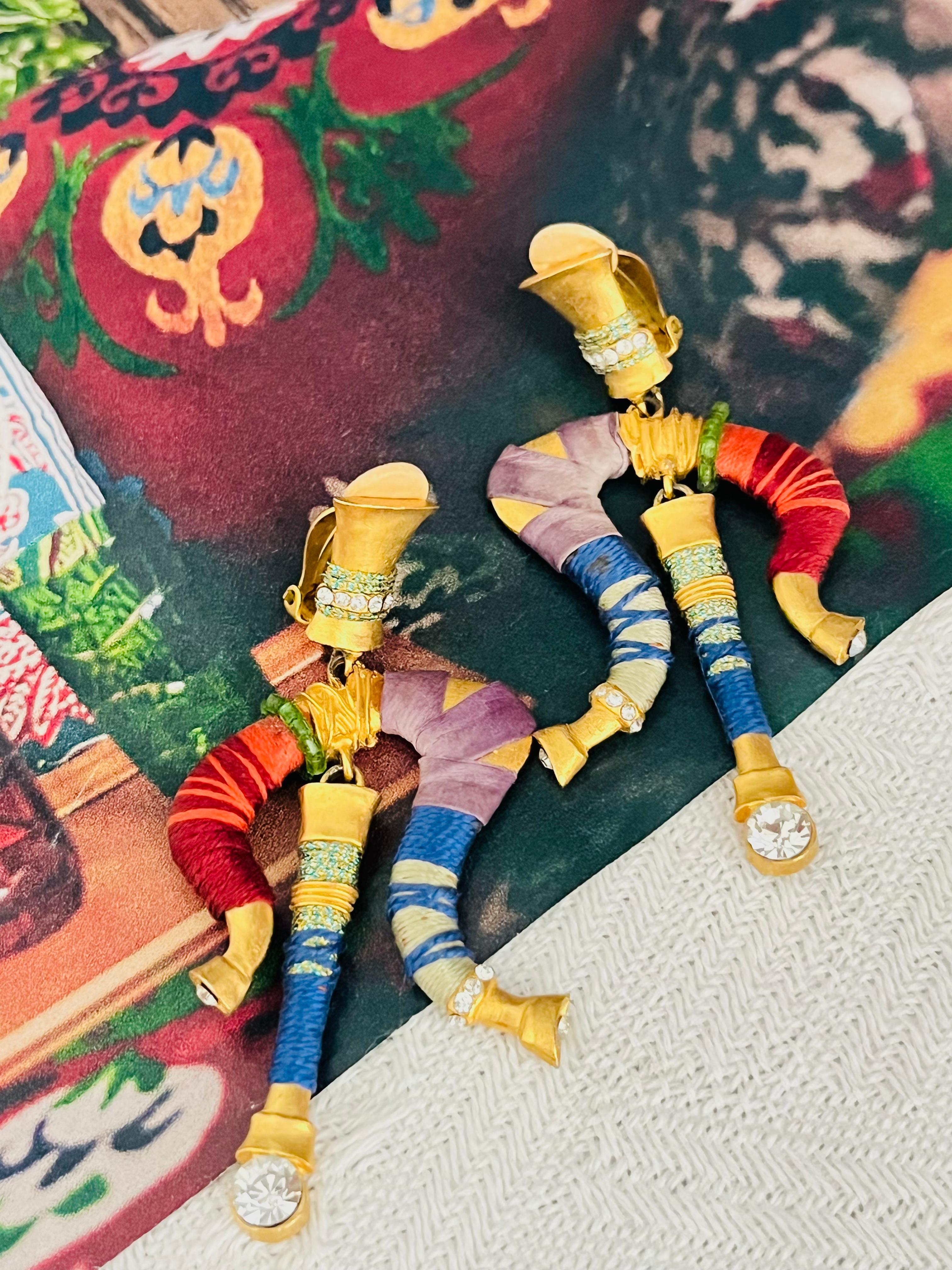 Art Deco Christian Lacroix Vintage Masai Crystals Red Navy Green Dangle Chunky Earrings For Sale