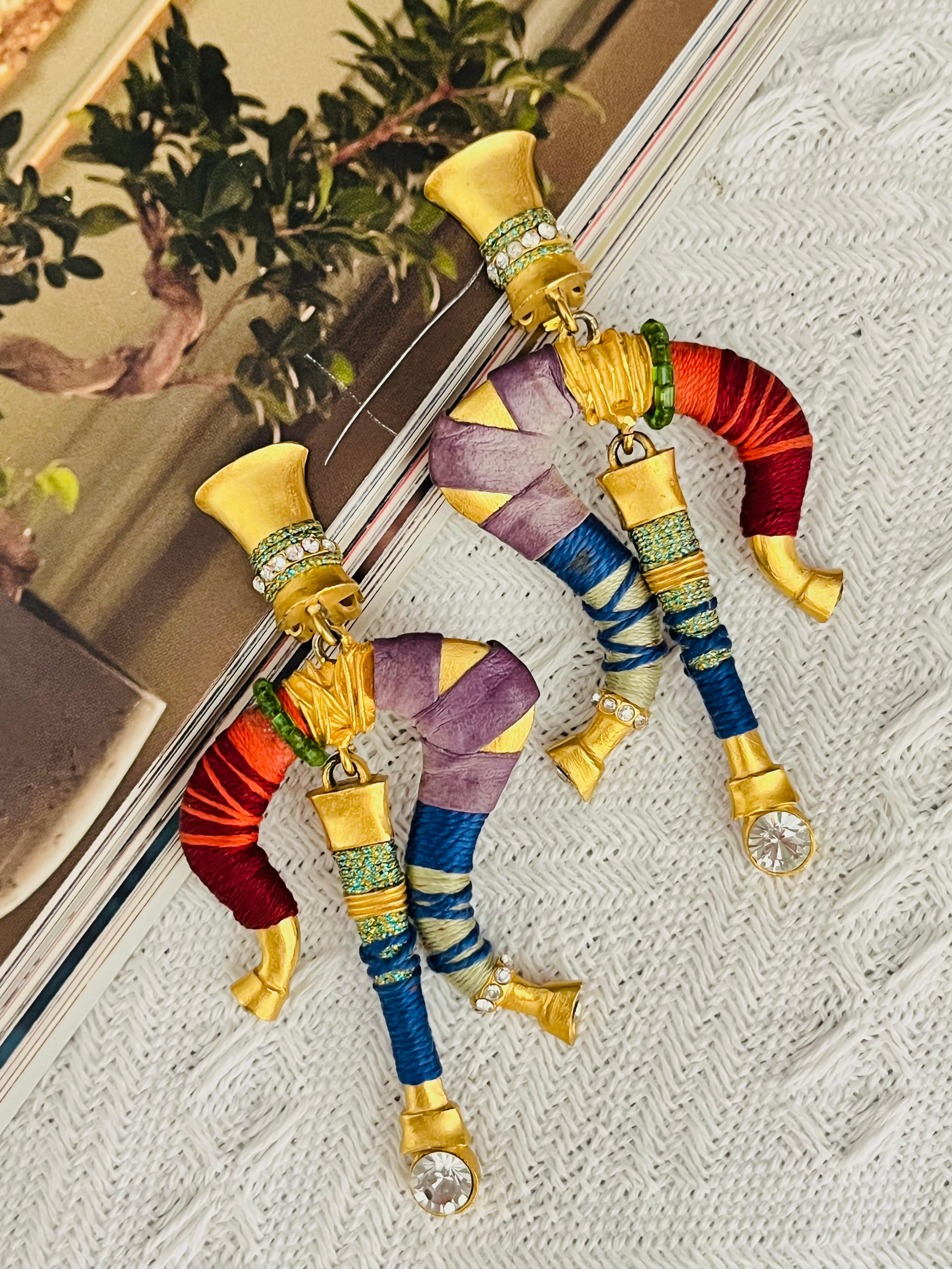 Christian Lacroix Vintage Masai Crystals Red Navy Green Dangle Chunky Earrings In Good Condition For Sale In Wokingham, England