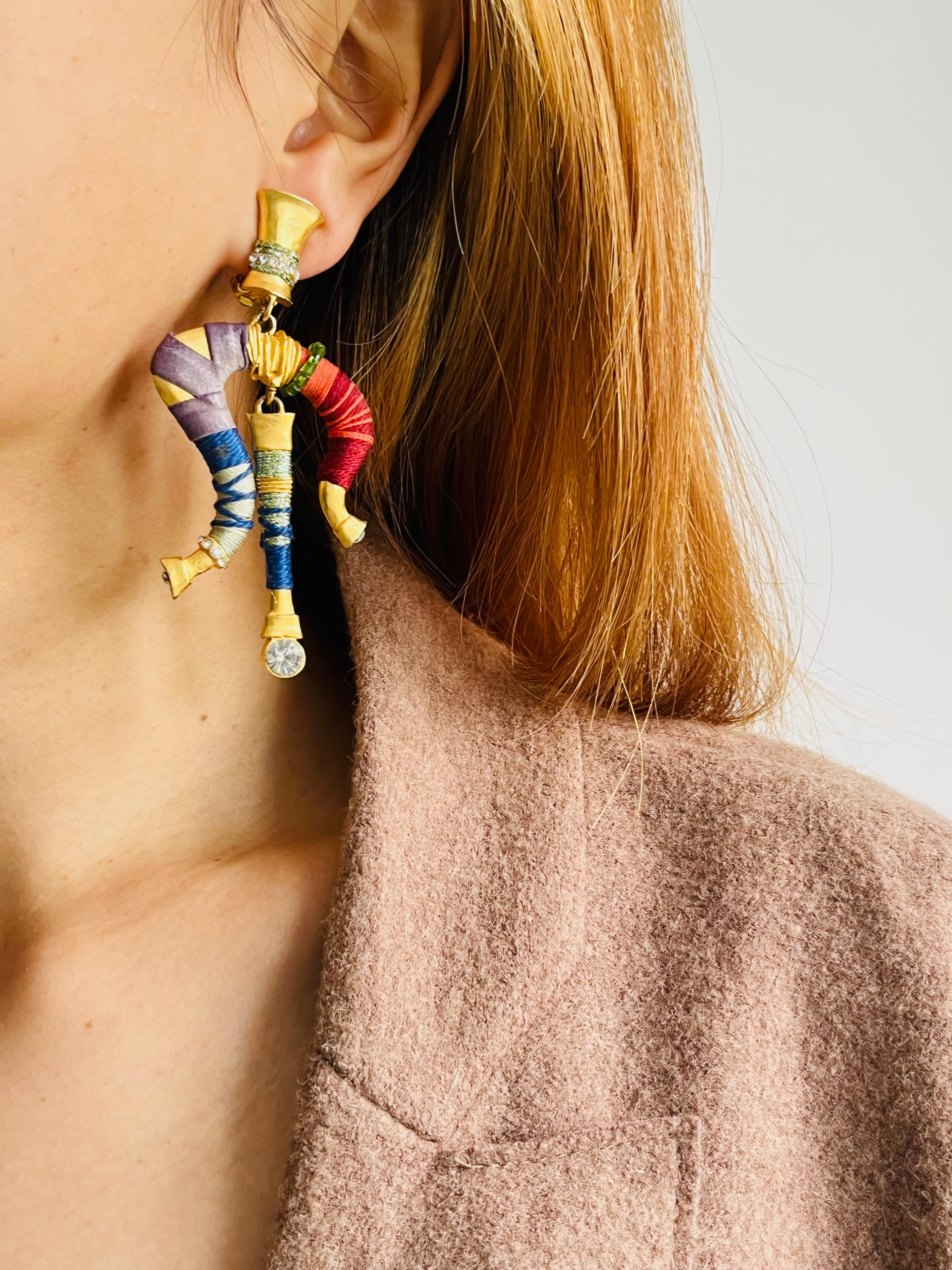 Women's or Men's Christian Lacroix Vintage Masai Crystals Red Navy Green Dangle Chunky Earrings For Sale