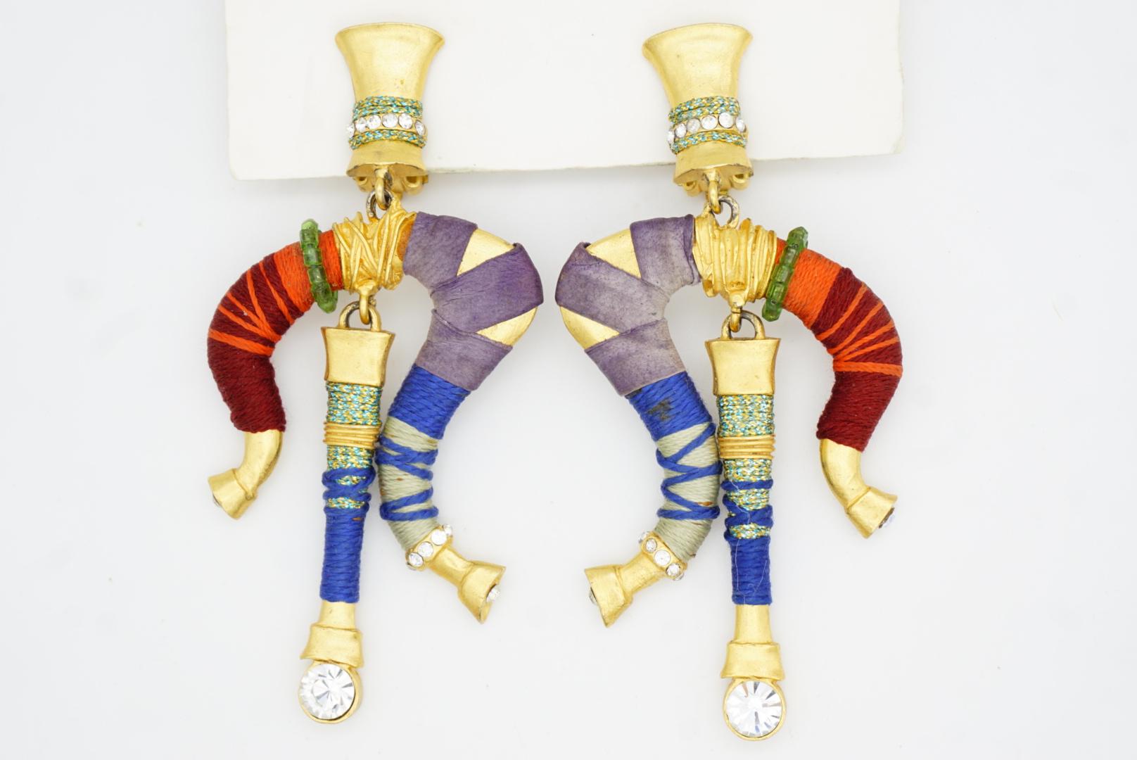 Christian Lacroix Vintage Masai Crystals Red Navy Green Dangle Chunky Earrings For Sale 2