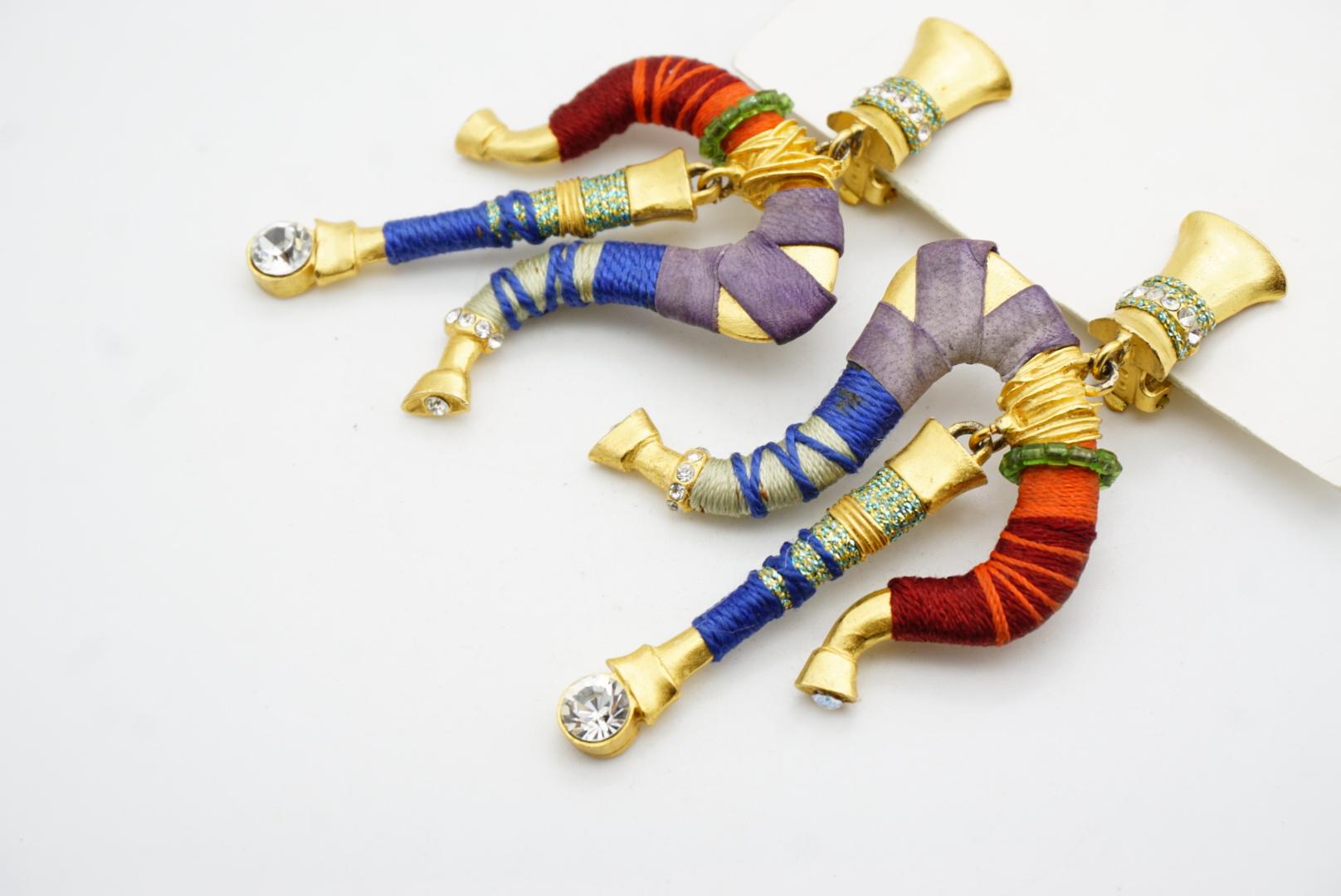 Christian Lacroix Vintage Masai Crystals Red Navy Green Dangle Chunky Earrings For Sale 3