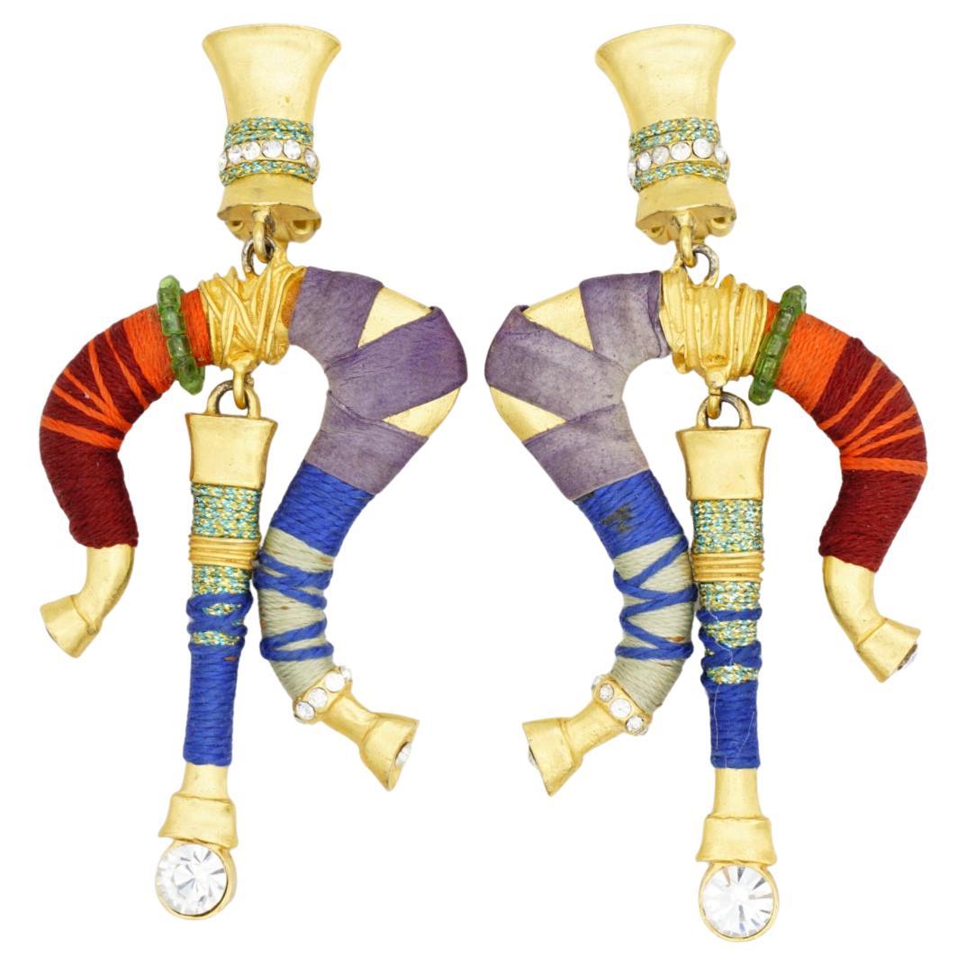 Christian Lacroix Vintage Masai Crystals Red Navy Green Dangle Chunky Earrings For Sale