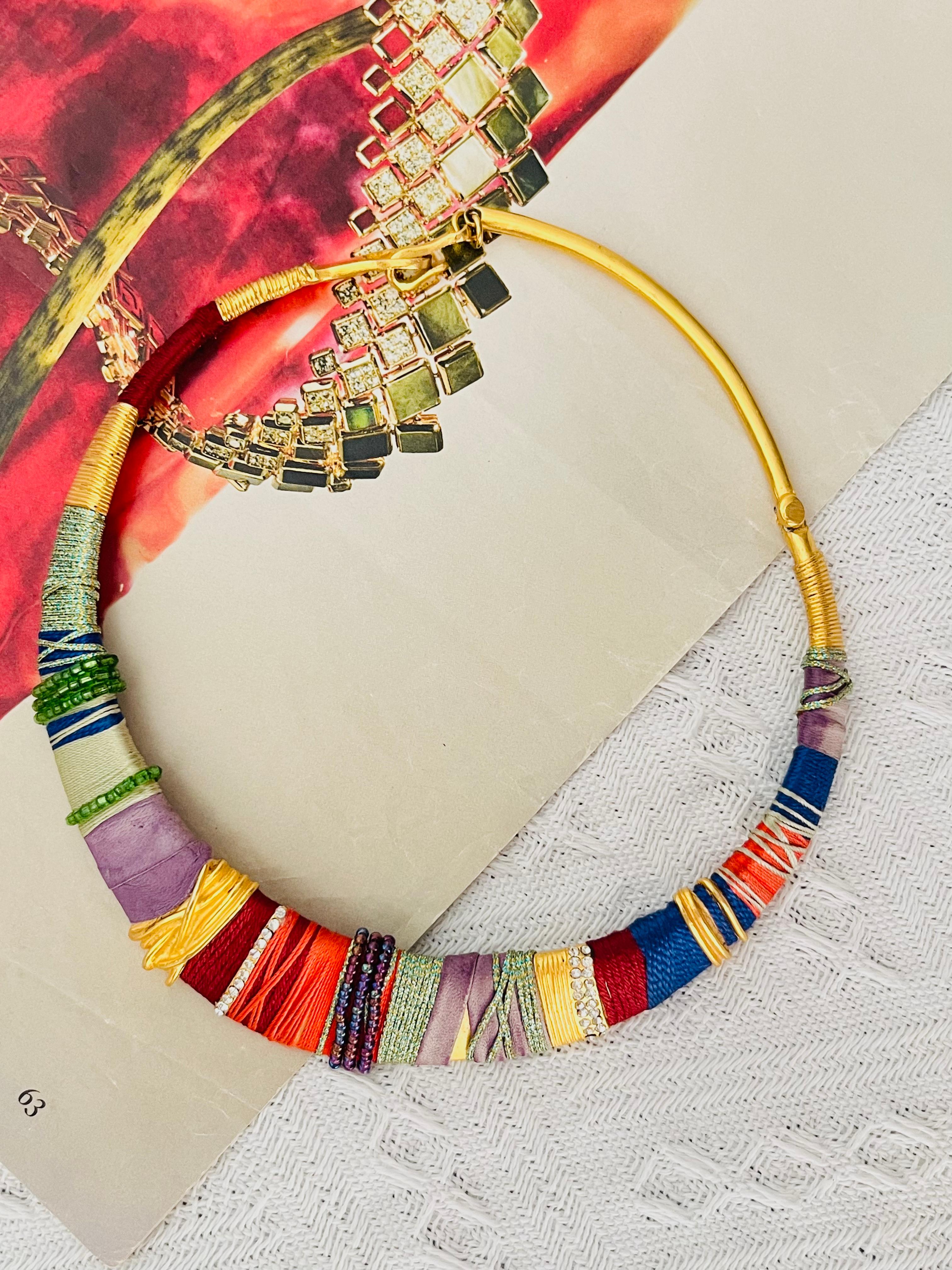 Art Deco Christian Lacroix Vintage Masai Red Navy Green Crystals Choker Collar Necklace For Sale