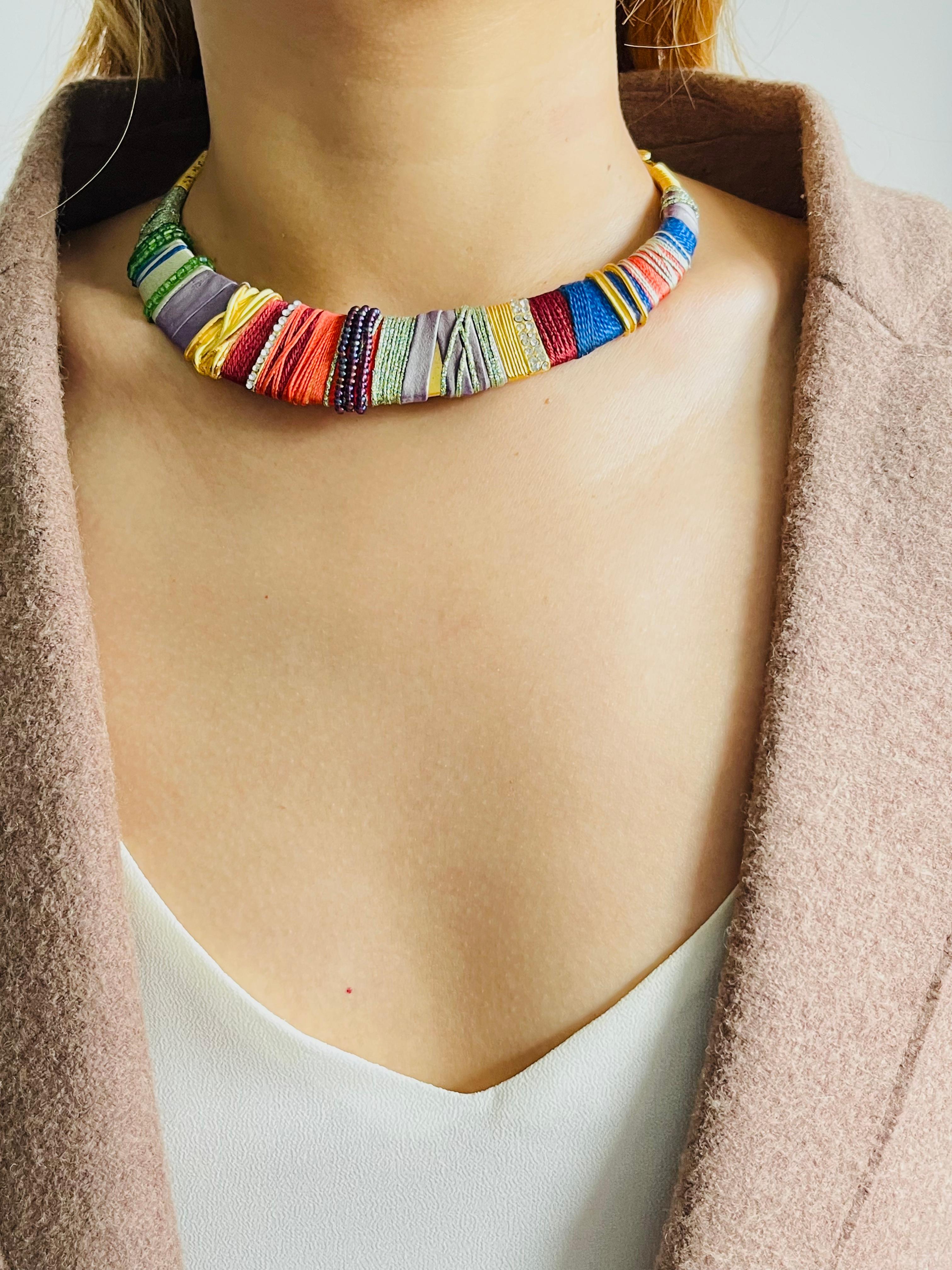 Christian Lacroix Vintage Masai Red Navy Green Crystals Choker Collar Necklace For Sale 1