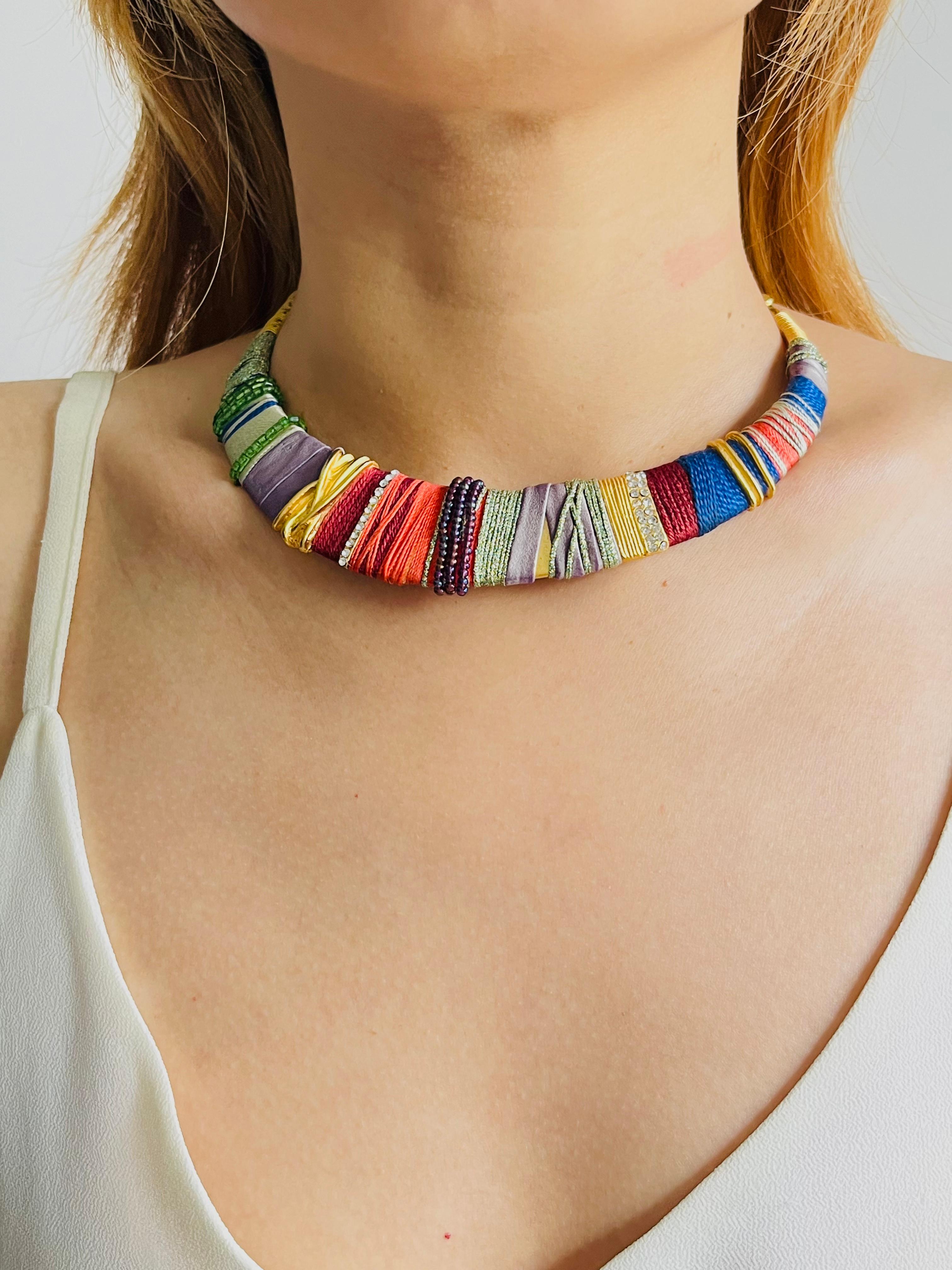 Christian Lacroix Vintage Masai Red Navy Green Crystals Choker Collar Necklace For Sale 2