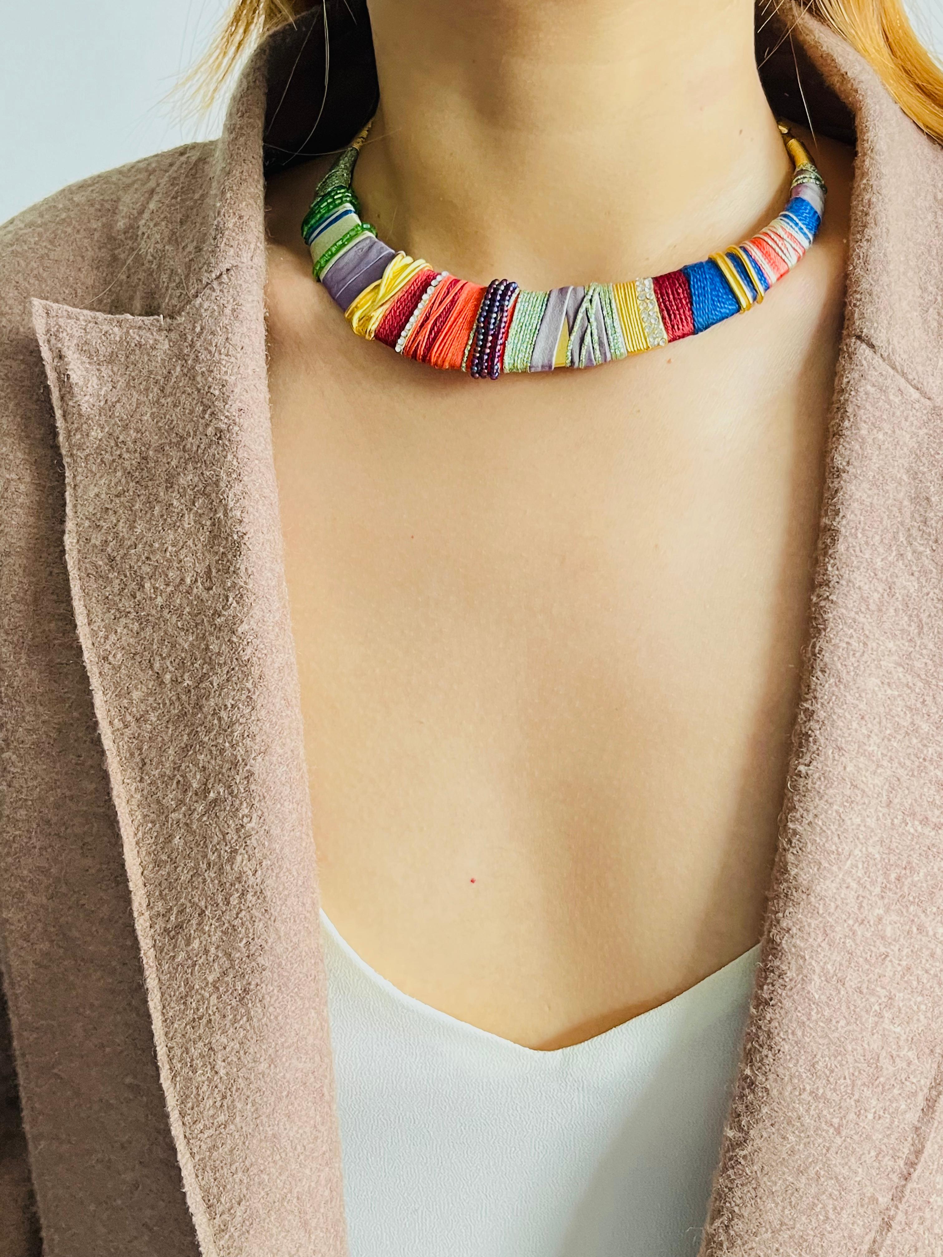 Christian Lacroix Vintage Masai Red Navy Green Crystals Choker Collar Necklace For Sale 3