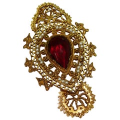 Christian Lacroix Vintage Massive Baroque Faux Ruby Pendant Brooch