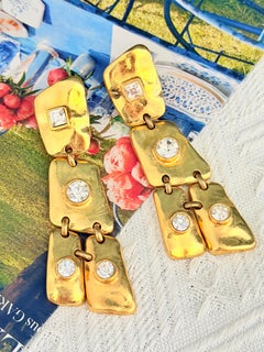 Christian Lacroix Vintage Massive Gold Geometric Crystal Statement Drop Earrings