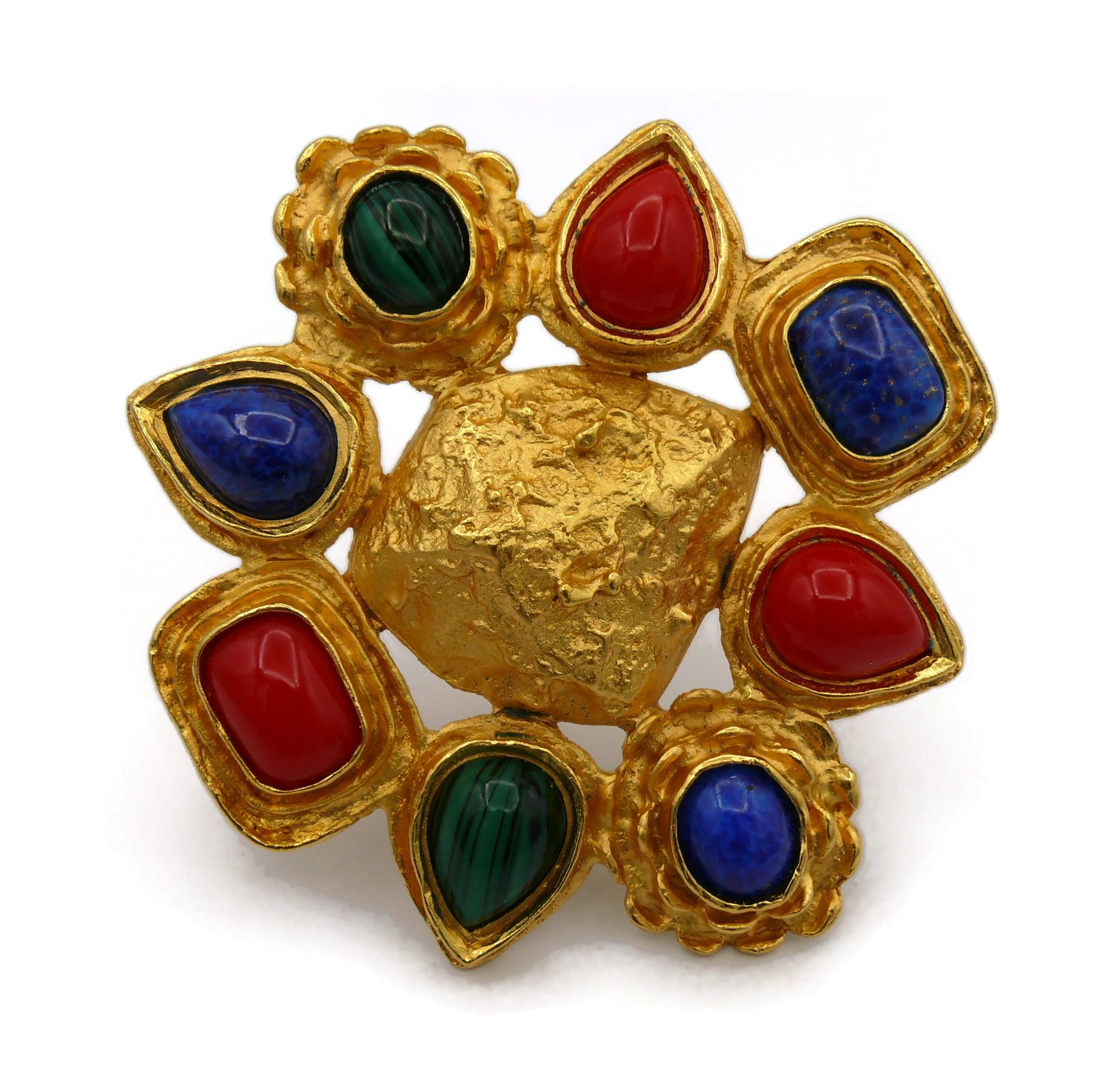 CHRISTIAN LACROIX Vintage Massive Gold Tone and Faux Gemstones Brooch For Sale 1