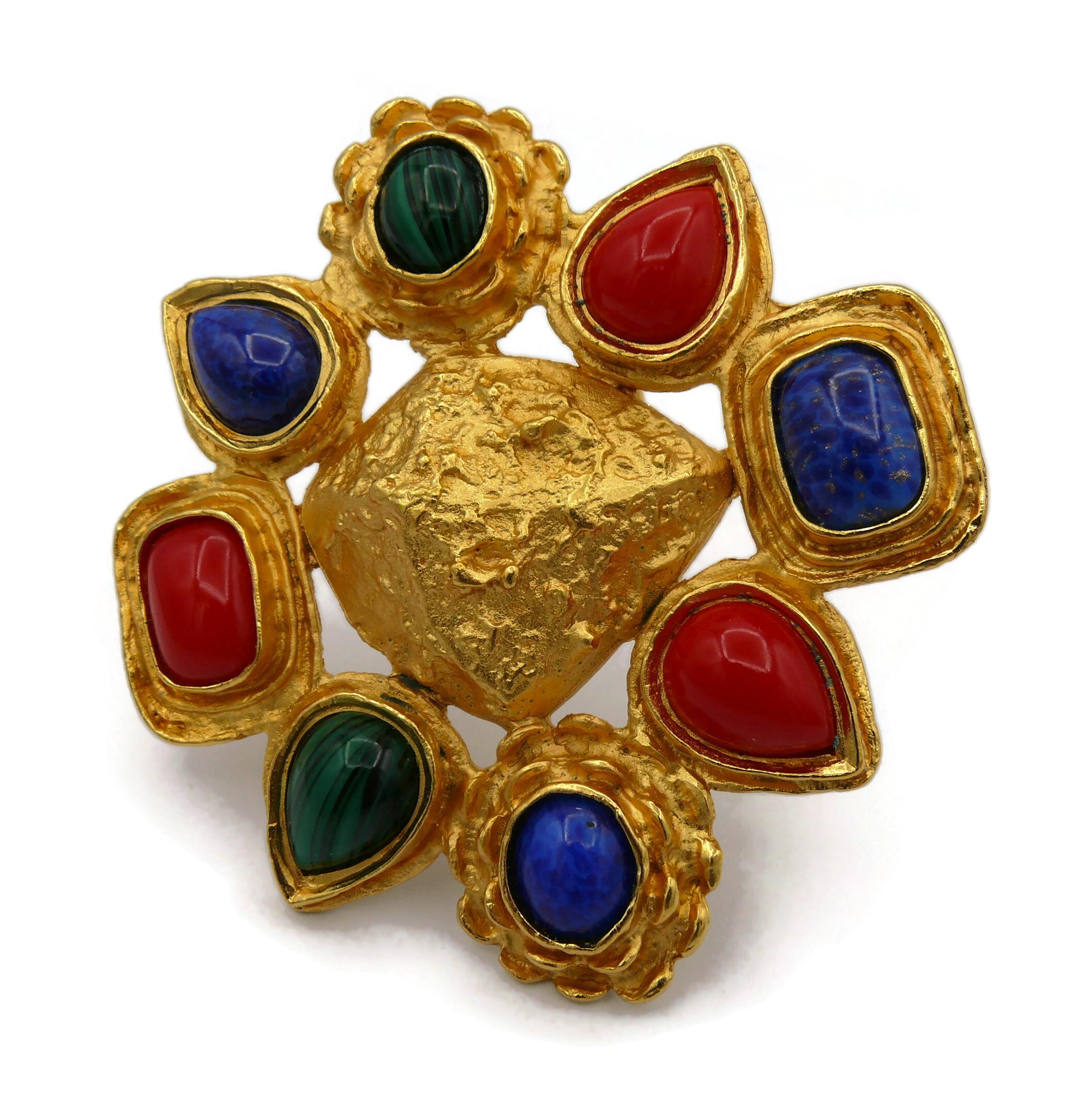 CHRISTIAN LACROIX Vintage Massive Gold Tone and Faux Gemstones Brooch For Sale 2