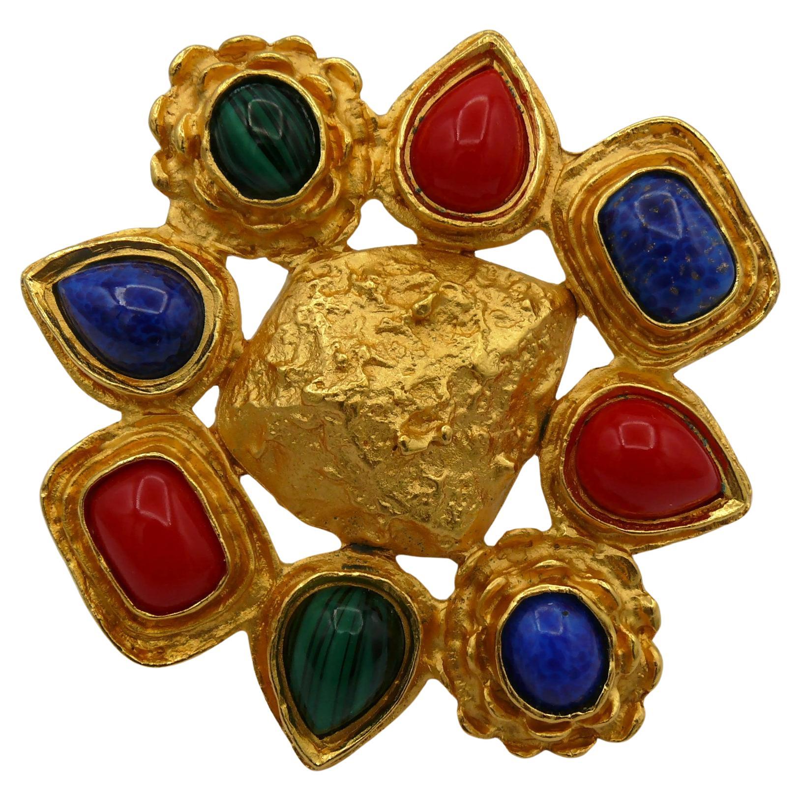 CHRISTIAN LACROIX Vintage Massive Gold Tone and Faux Gemstones Brooch For Sale