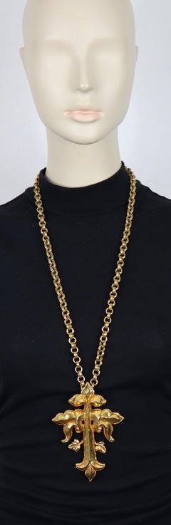 CHRISTIAN LACROIX Vintage Massive Gold Tone Baroque Cross Pendant Necklace
