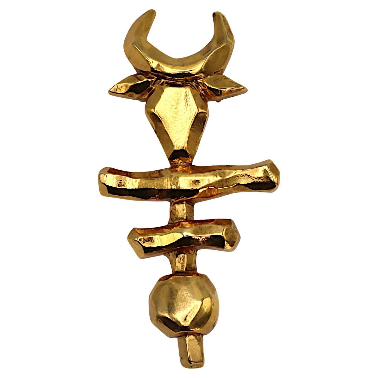 Pre-owned Christian Lacroix Vintage Massive Gold-tone Bull Head Totem Brooch In Multiple