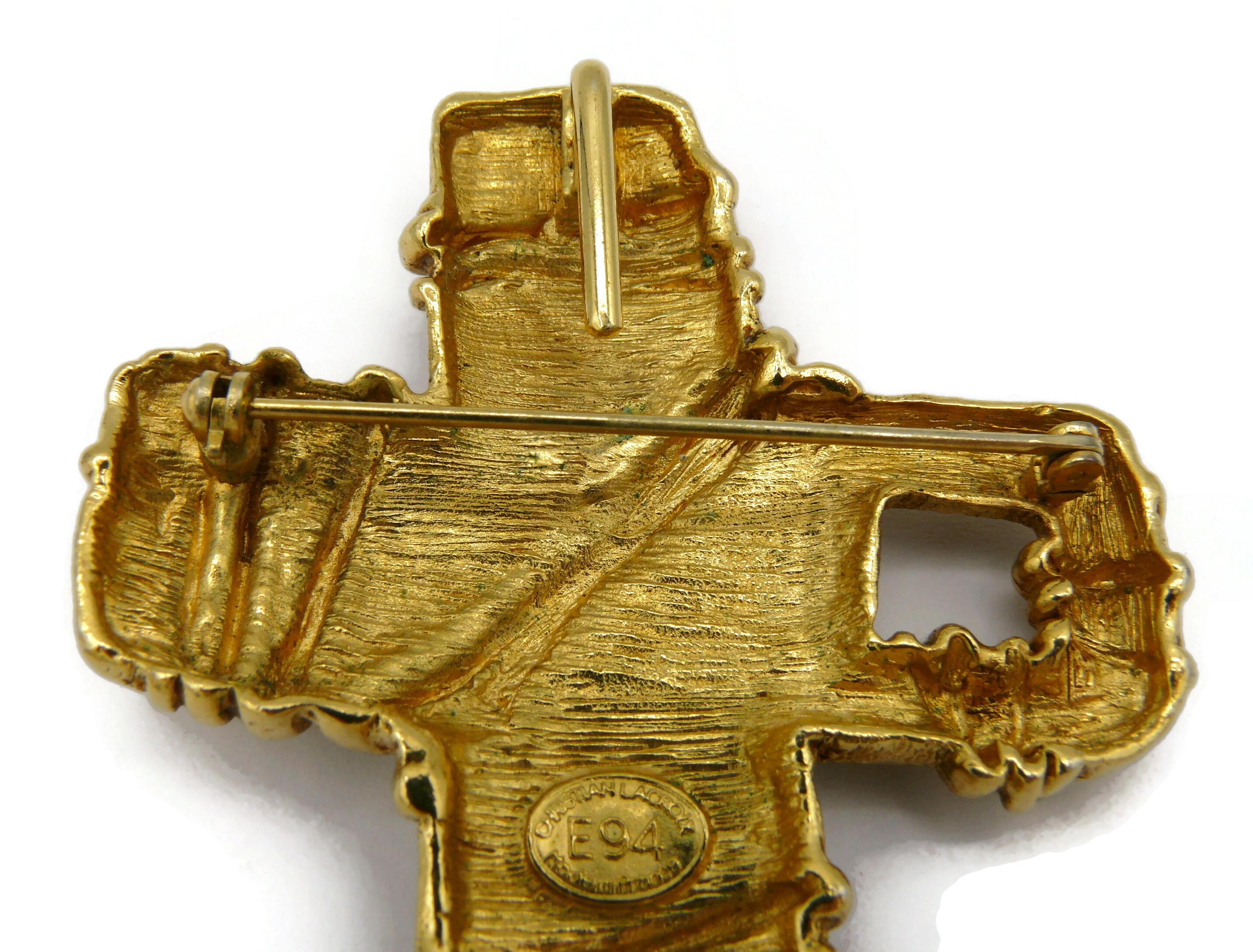 CHRISTIAN LACROIX Vintage Massive Gold Tone Cross Brooch Pendant For Sale 5