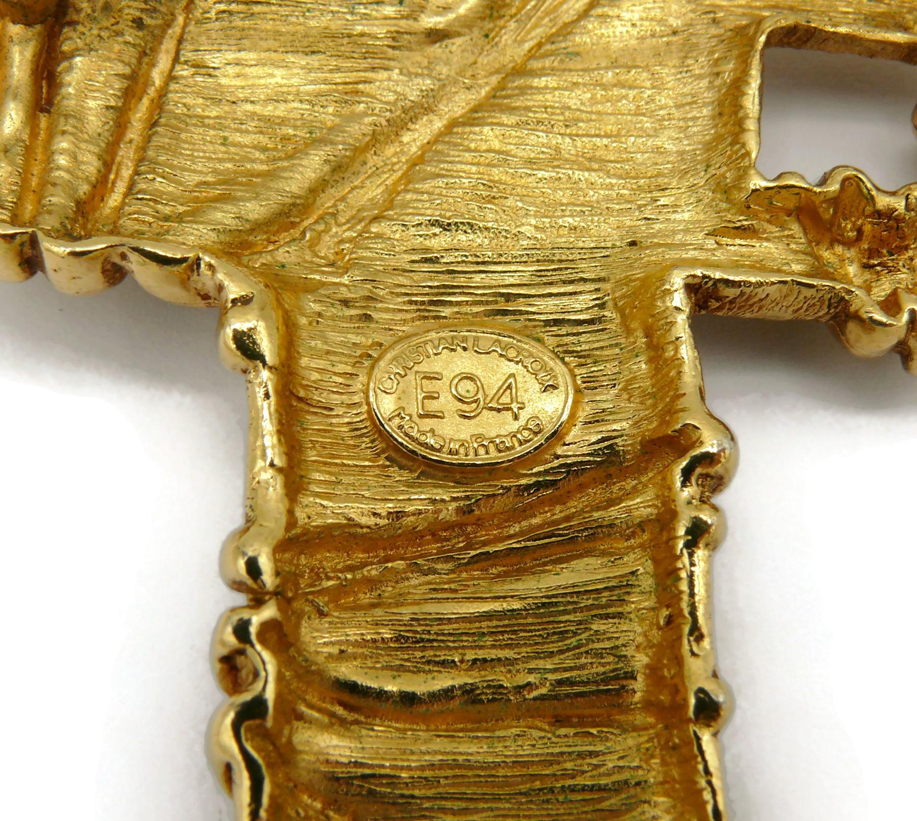 CHRISTIAN LACROIX Vintage Massive Gold Tone Cross Brooch Pendant For Sale 6