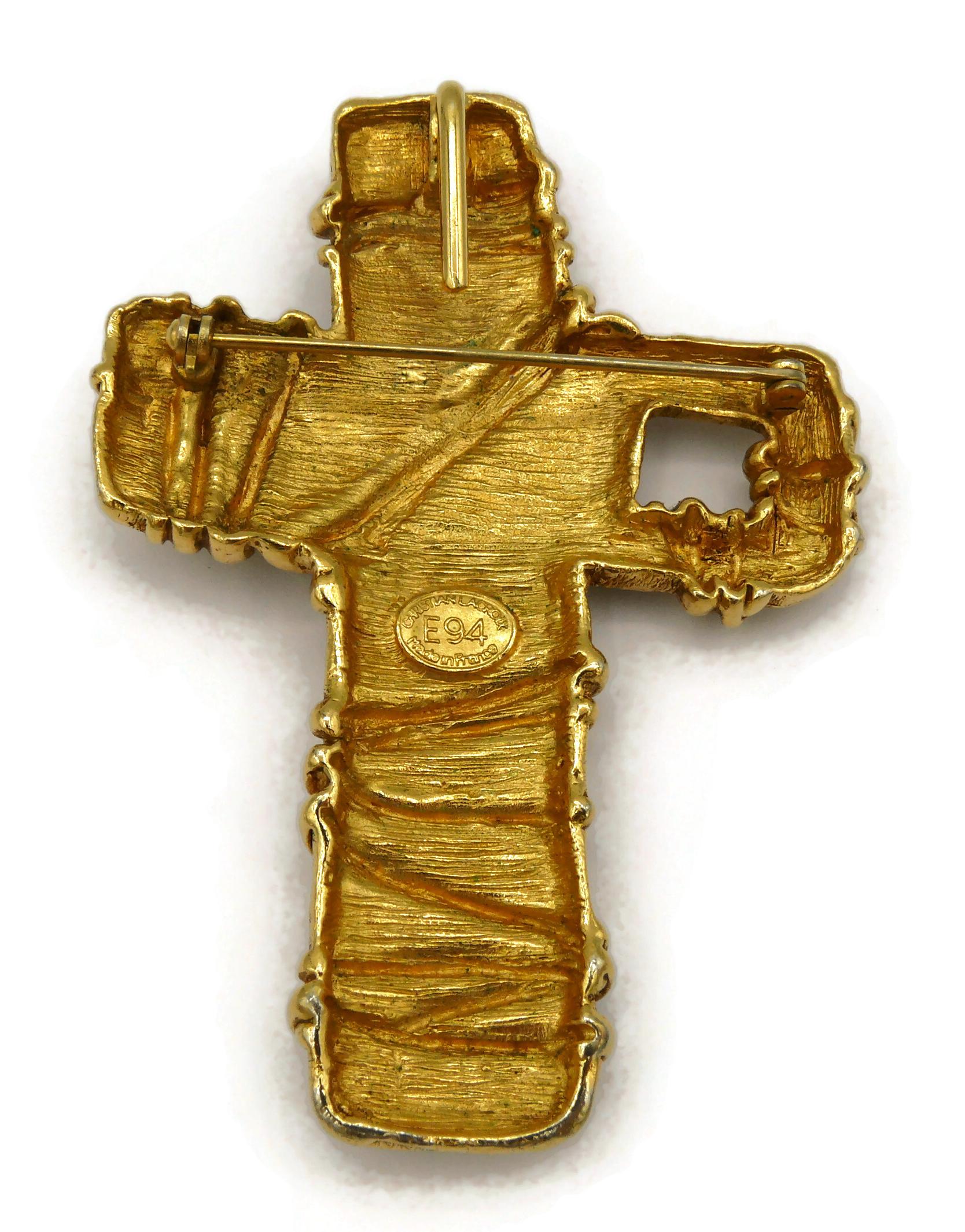 CHRISTIAN LACROIX Vintage Massive Gold Tone Cross Brooch Pendant For Sale 4