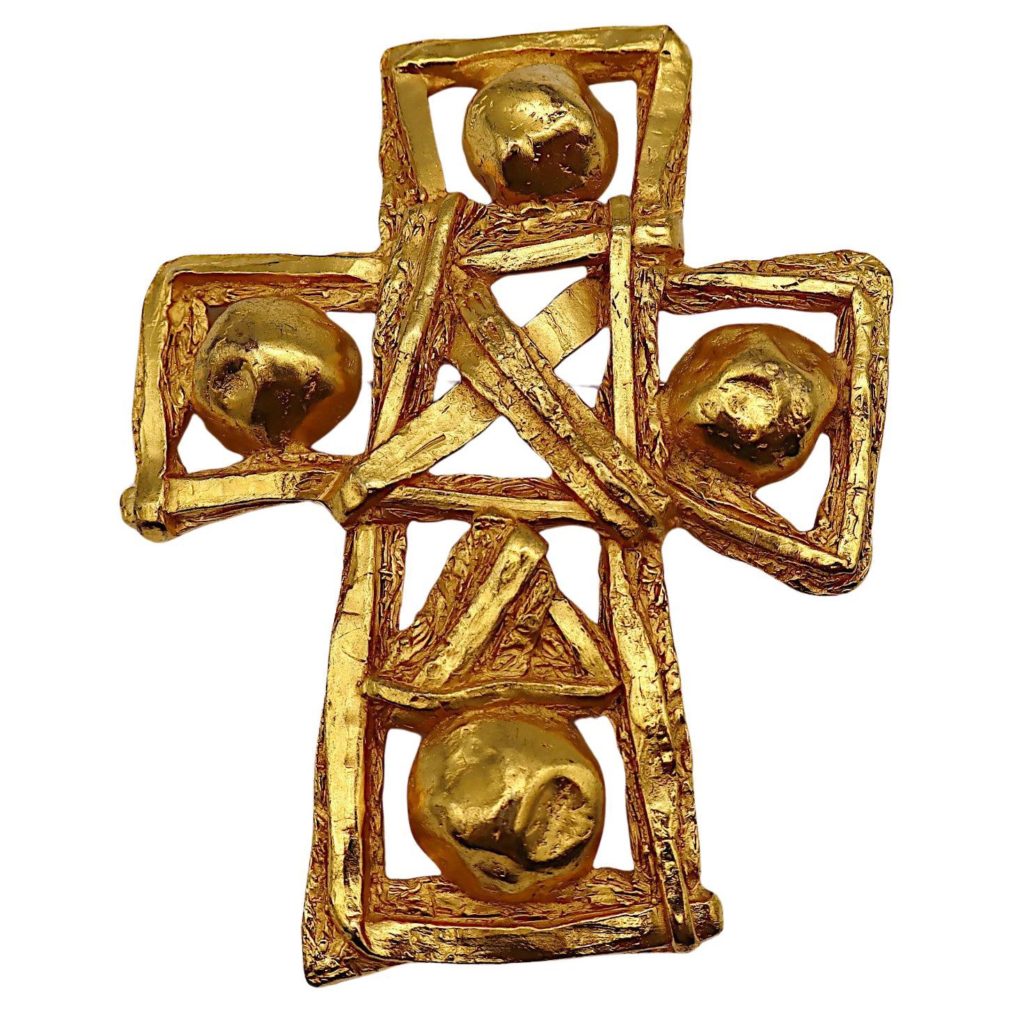 CHRISTIAN LACROIX Vintage Massive Gold Tone Cross Brooch/Pendant For Sale