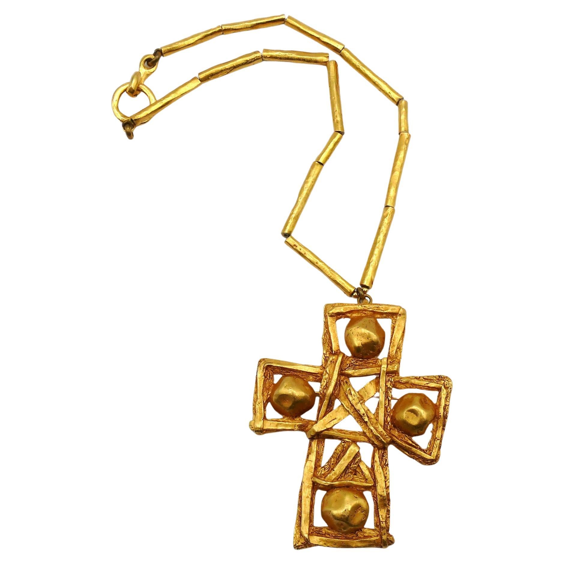 CHRISTIAN LACROIX Vintage Massive Gold Tone Cross Pendant Necklace For Sale