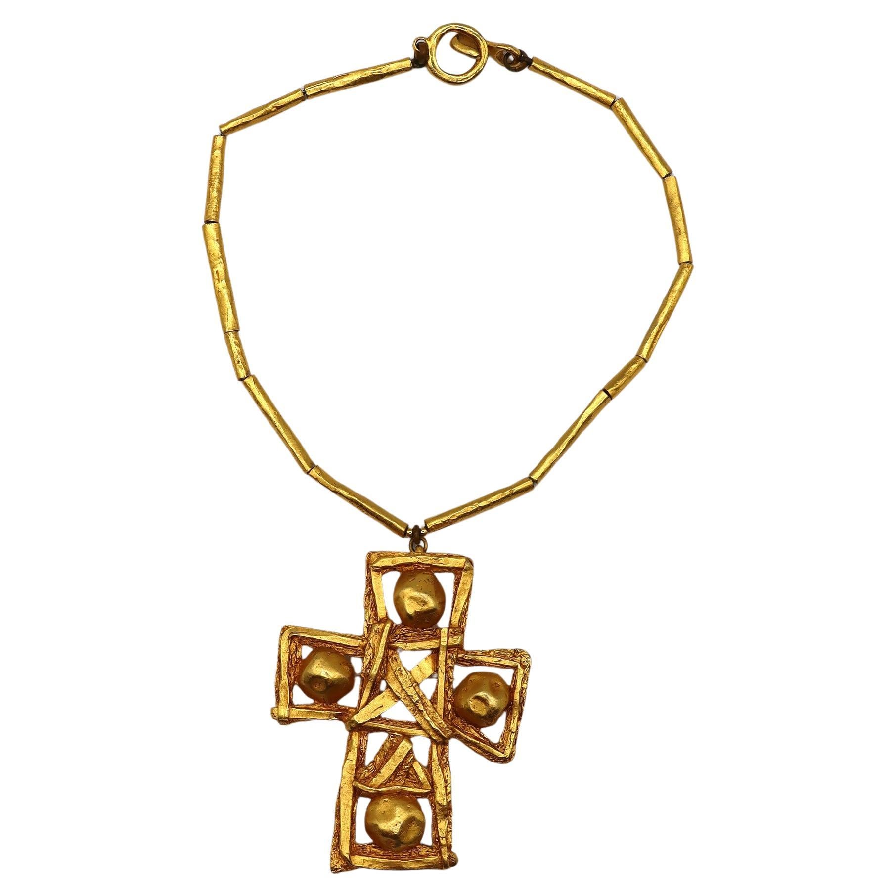 CHRISTIAN LACROIX Vintage Massive Gold Tone Cross Pendant Necklace