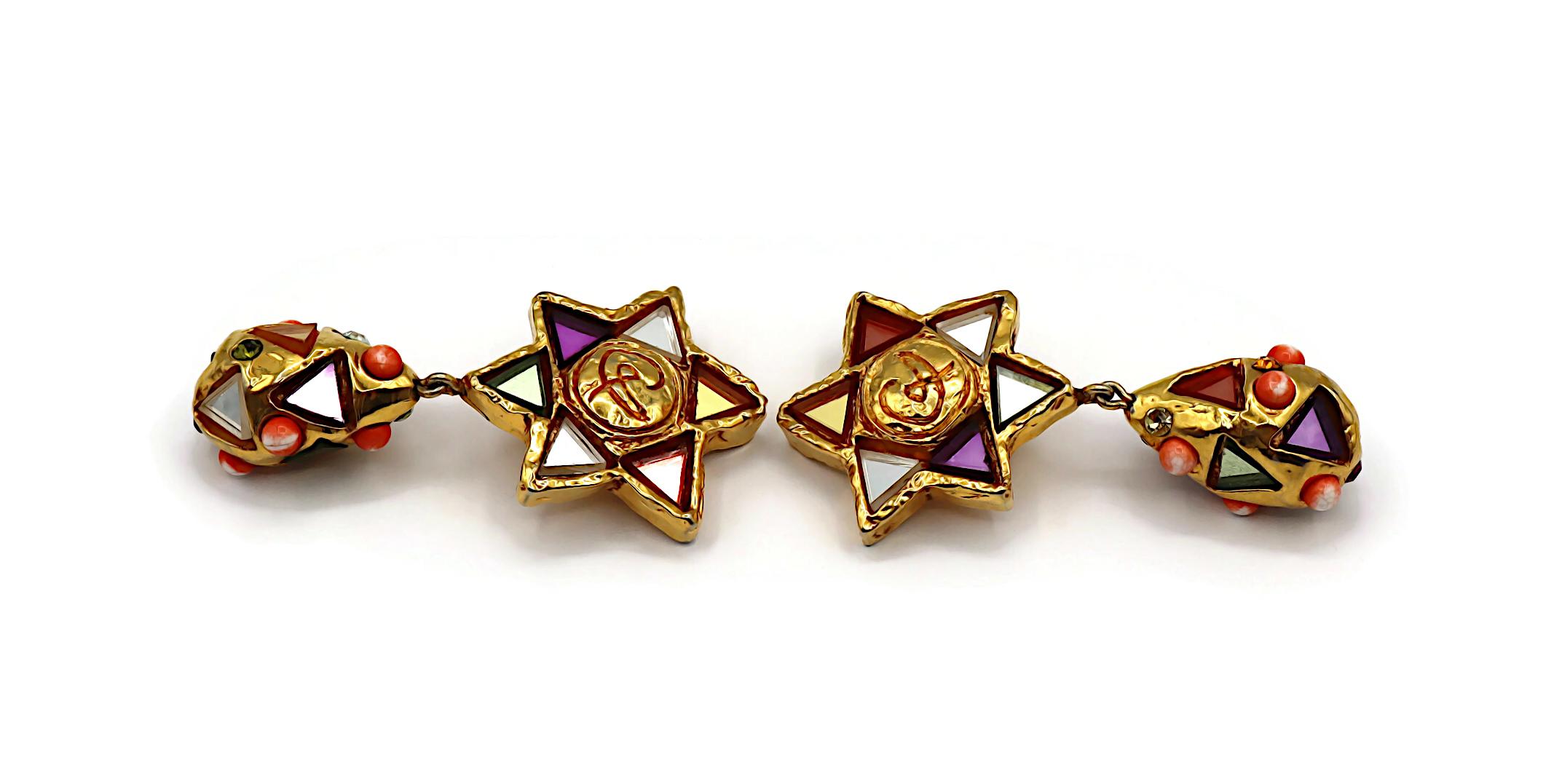 CHRISTIAN LACROIX Pendientes Colgantes Masivos Vintage Tono Oro Espejado en venta 1
