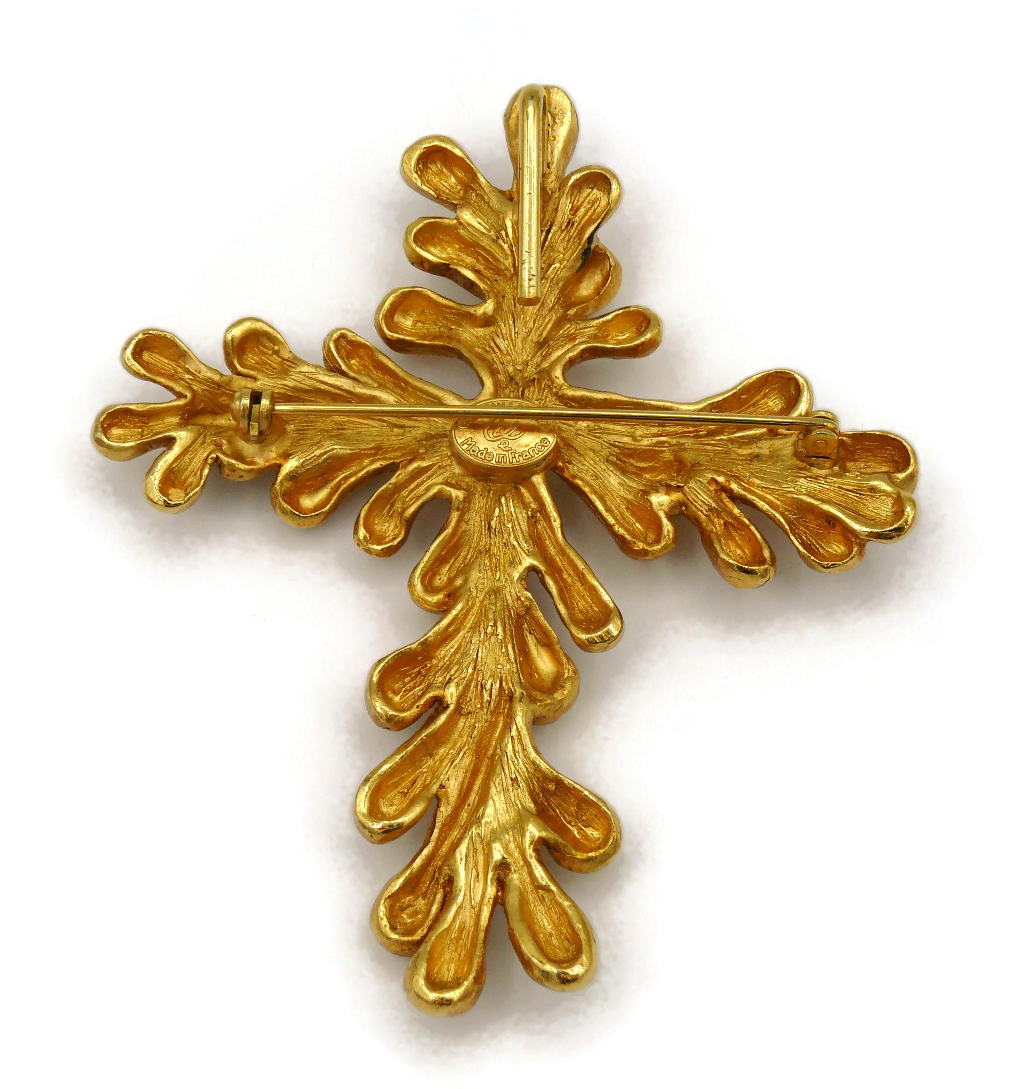 Women's CHRISTIAN LACROIX Vintage Massive Gold Tone Splash Cross Brooch Pendant For Sale