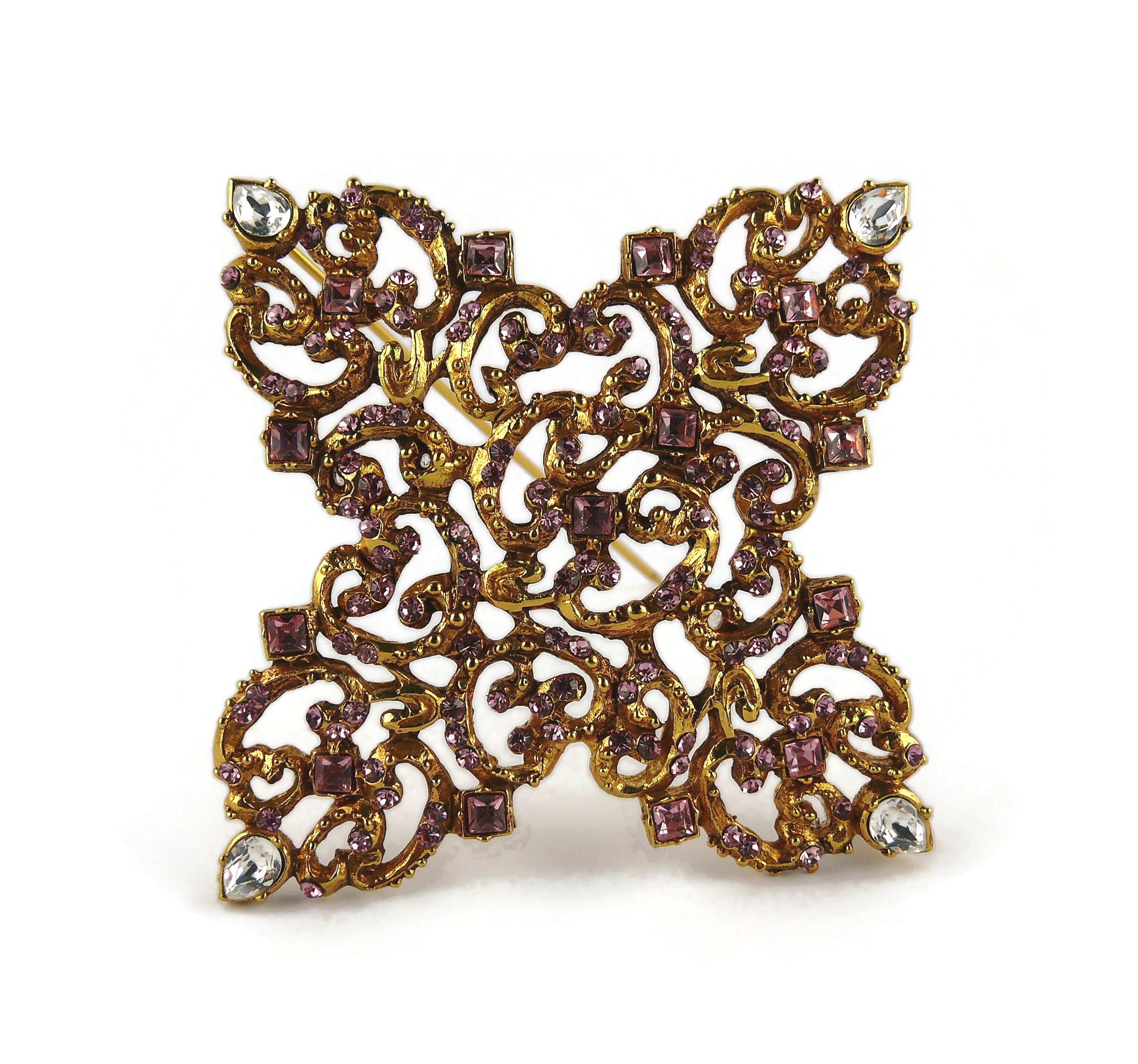 Christian Lacroix Vintage Massive Gold Toned Baroque Jewelled Cross Brooch In Excellent Condition For Sale In Nice, FR