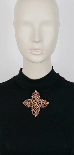 Christian Lacroix Vintage Massive Gold Toned Baroque Jewelled Cross Brooch