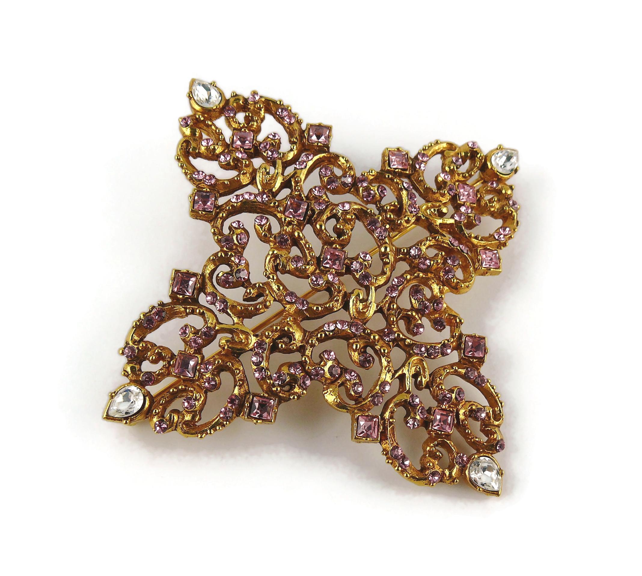 Women's Christian Lacroix Vintage Massive Gold Toned Baroque Jewelled Cross Brooch For Sale