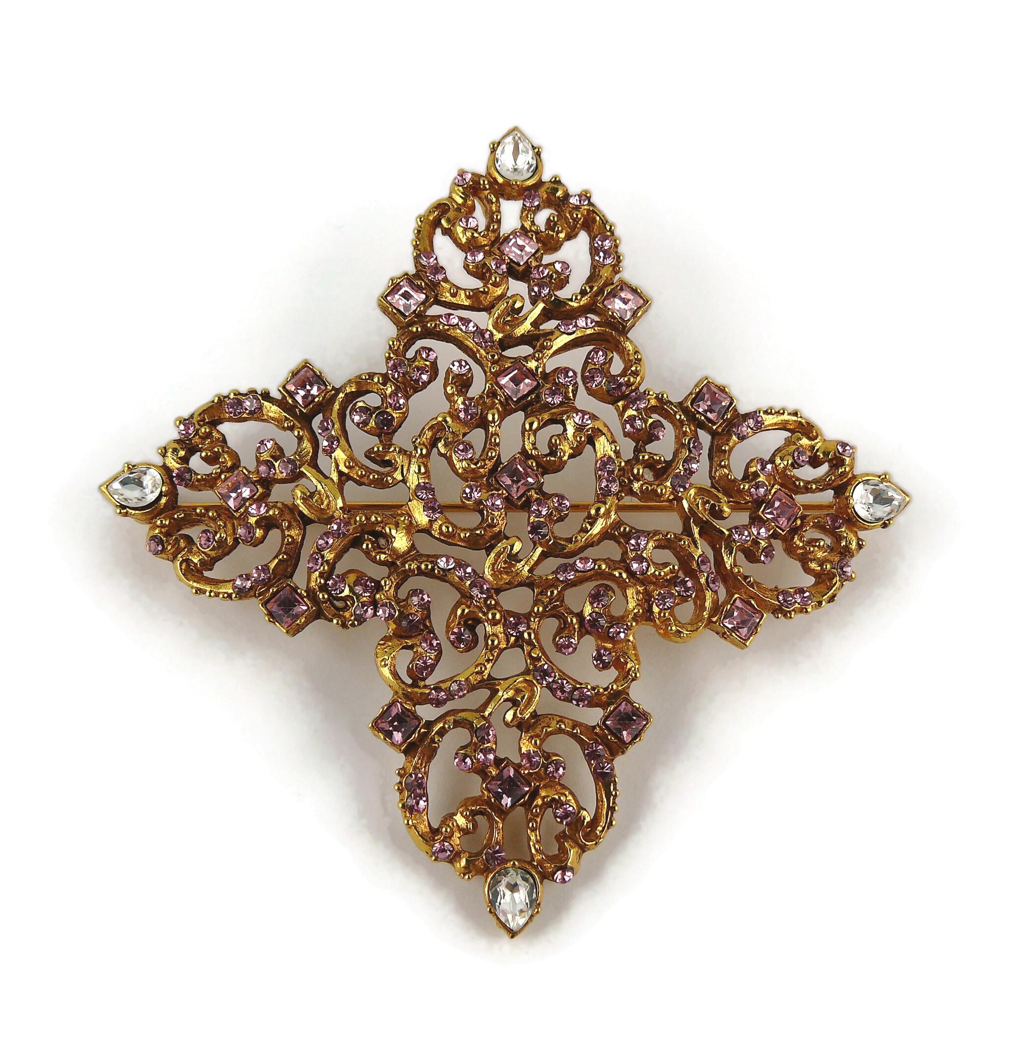 Christian Lacroix Vintage Massive Gold Toned Baroque Jewelled Cross Brooch For Sale 1