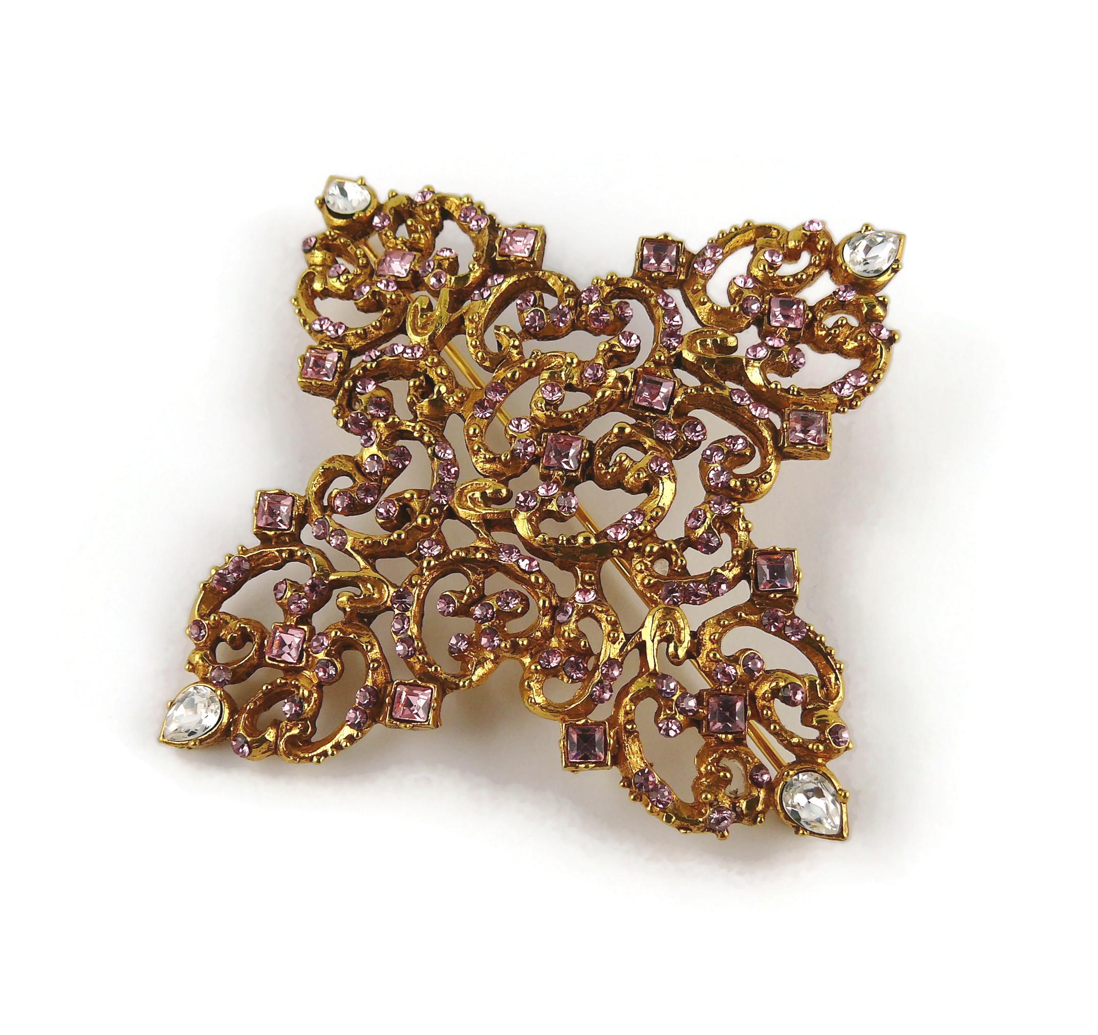 Christian Lacroix Vintage Massive Gold Toned Baroque Jewelled Cross Brooch For Sale 4