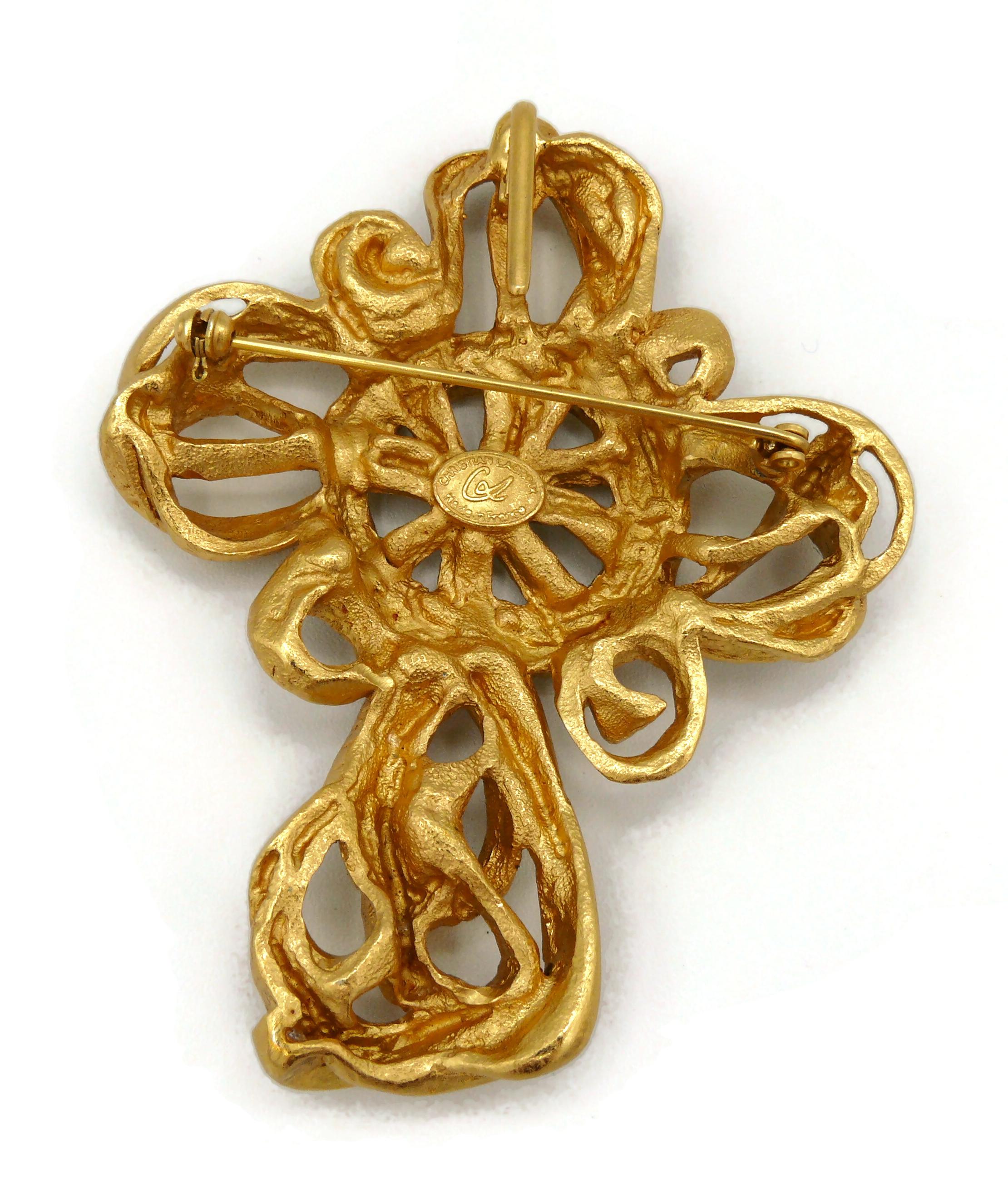 Christian Lacroix Vintage Massive Gold Toned Cross Brooch Pendant 4