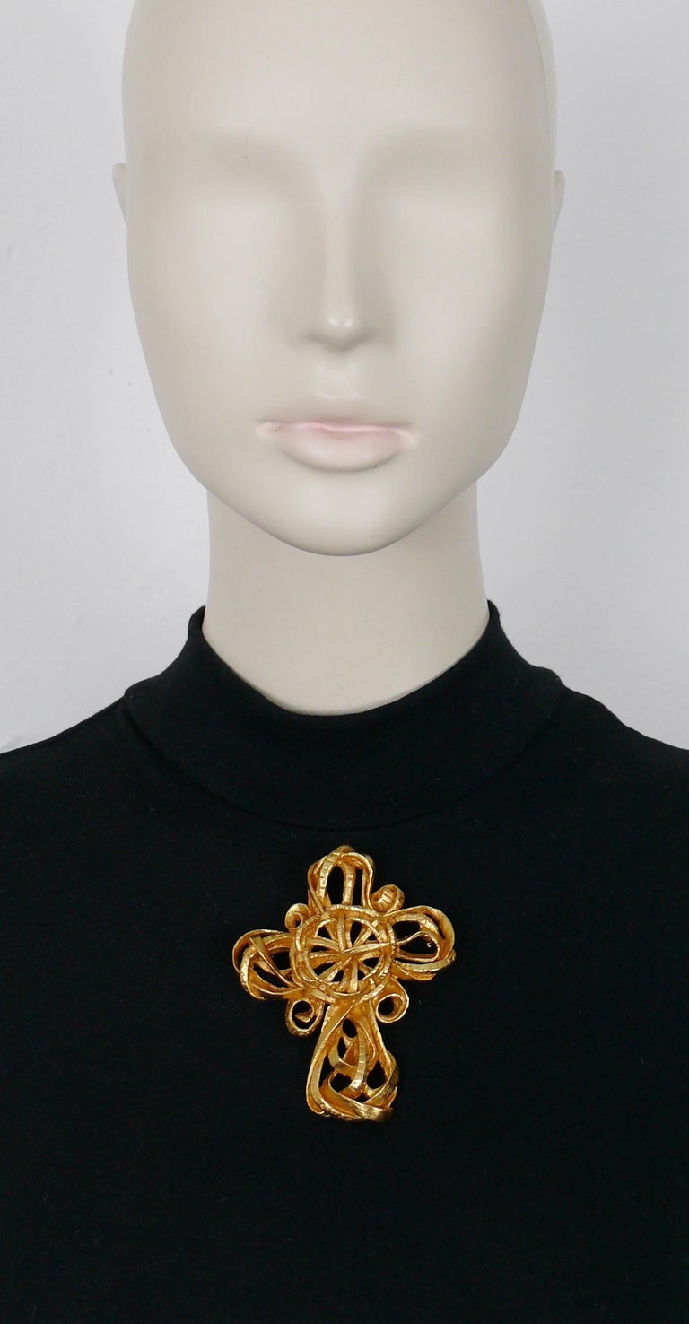 Christian Lacroix Vintage Massive Gold Toned Cross Brooch Pendant For