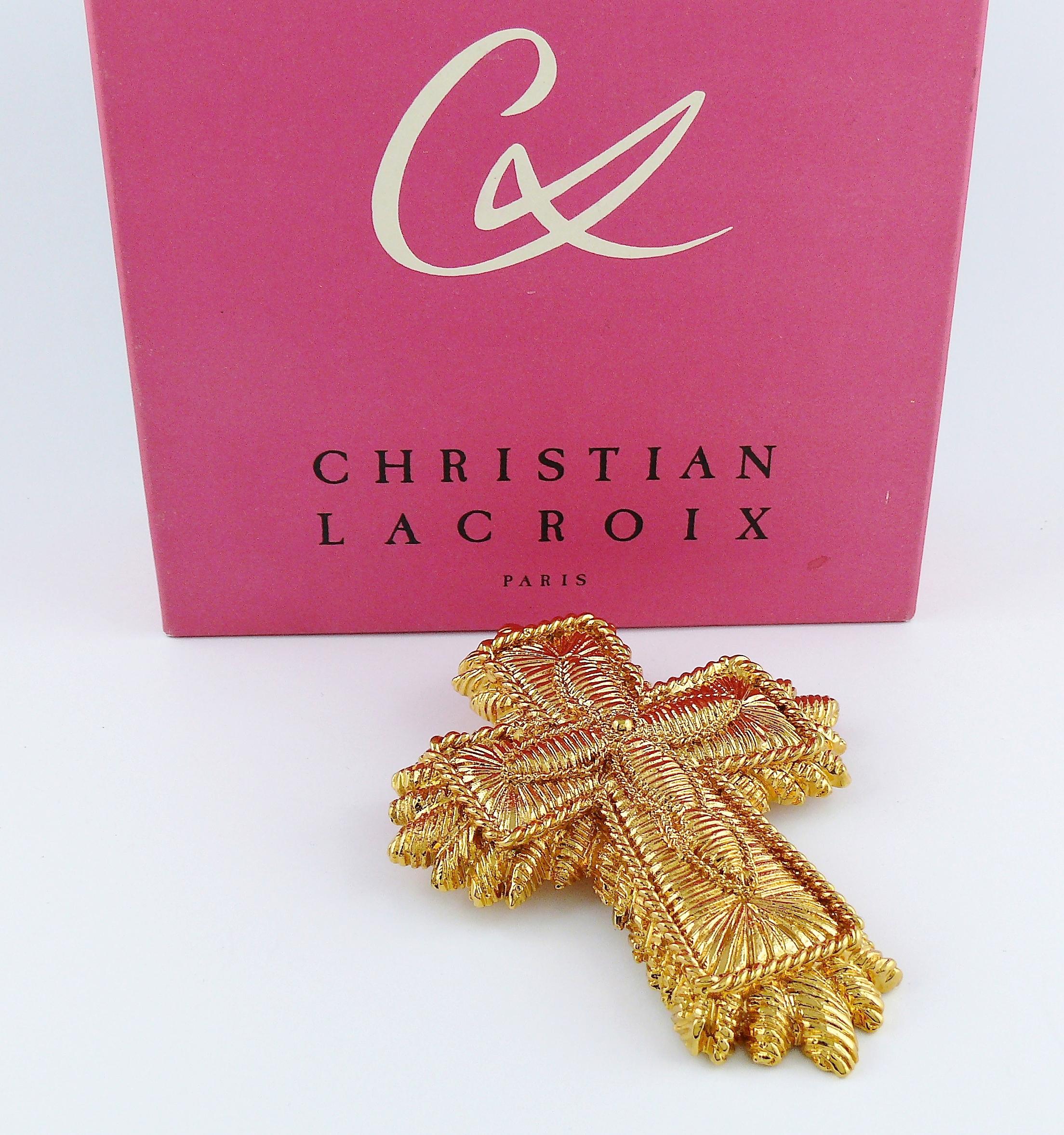 Christian Lacroix Vintage Massive Gold Toned Lace Like Cross Brooch 1