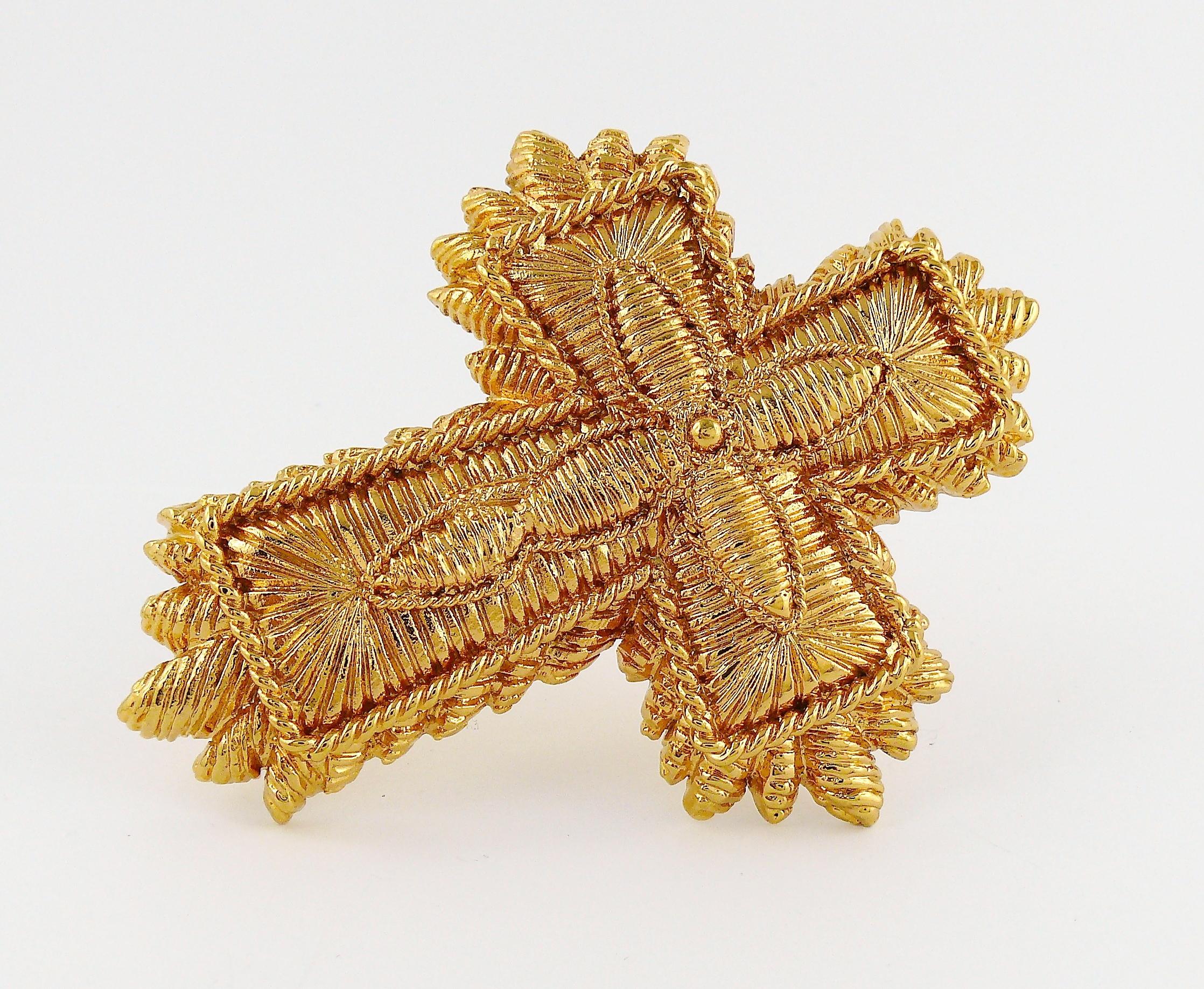 Christian Lacroix Vintage Massive Gold Toned Lace Like Cross Brooch 2