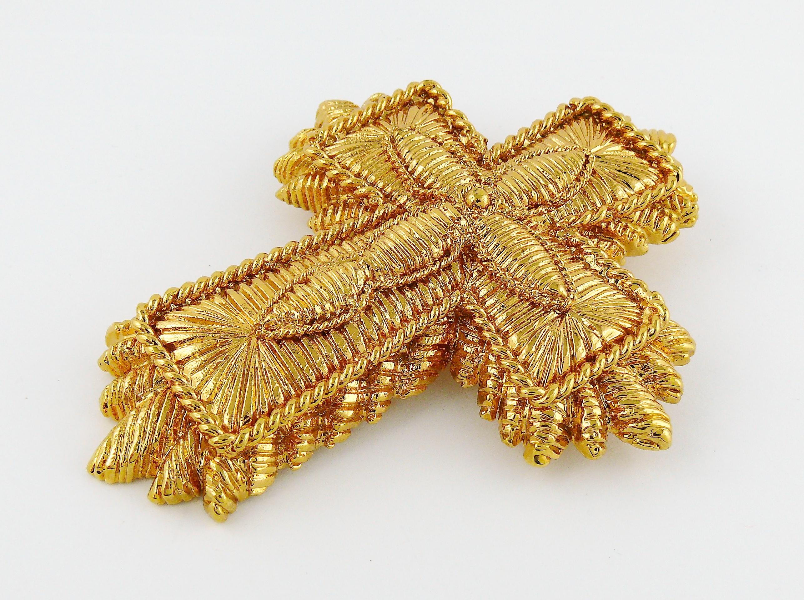 Christian Lacroix Vintage Massive Gold Toned Lace Like Cross Brooch 3