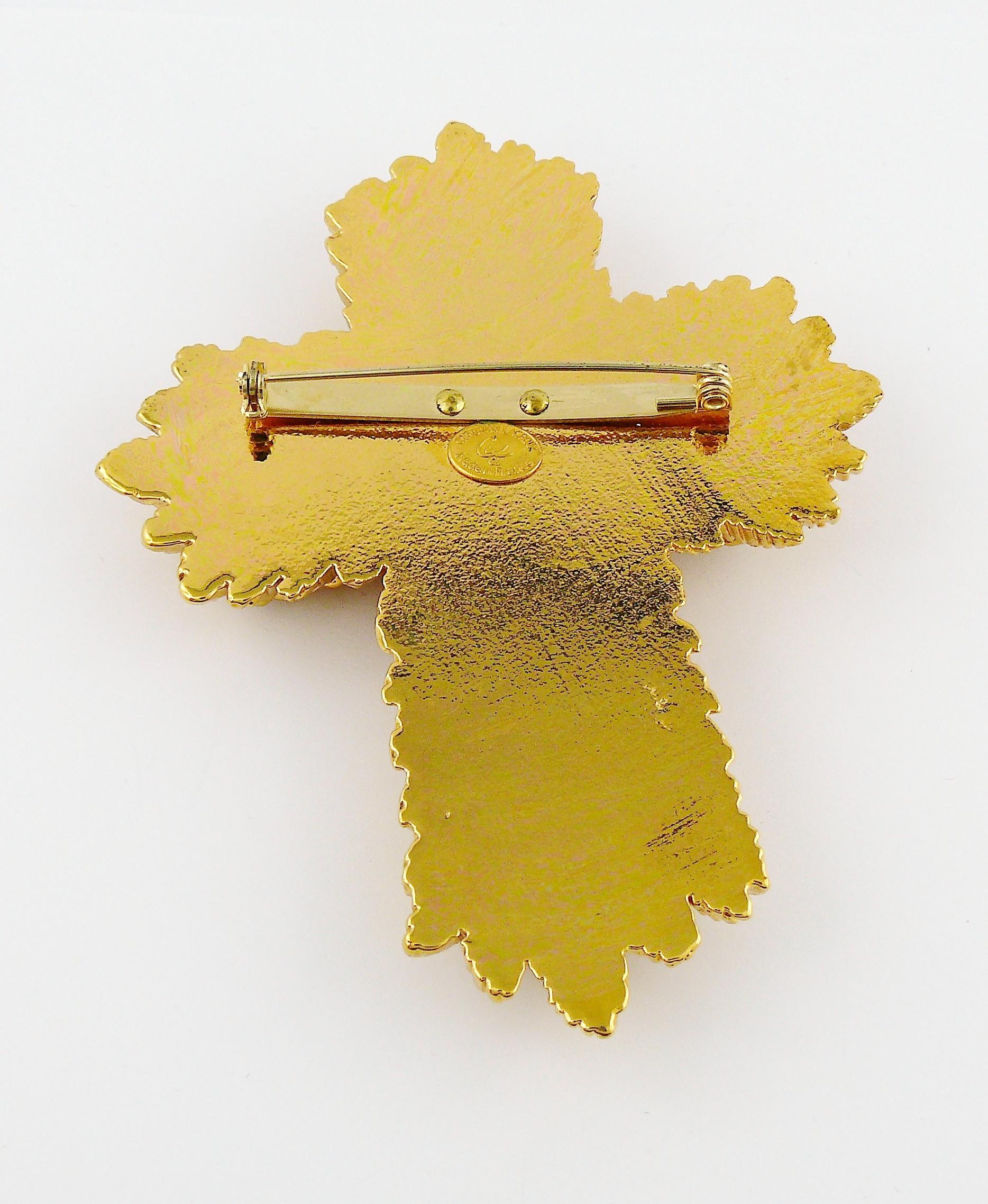 Christian Lacroix Vintage Massive Gold Toned Lace Like Cross Brooch 5