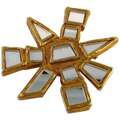 Christian Lacroix Vintage Massive Gold Toned Mirrored Abstract Sun Brooch