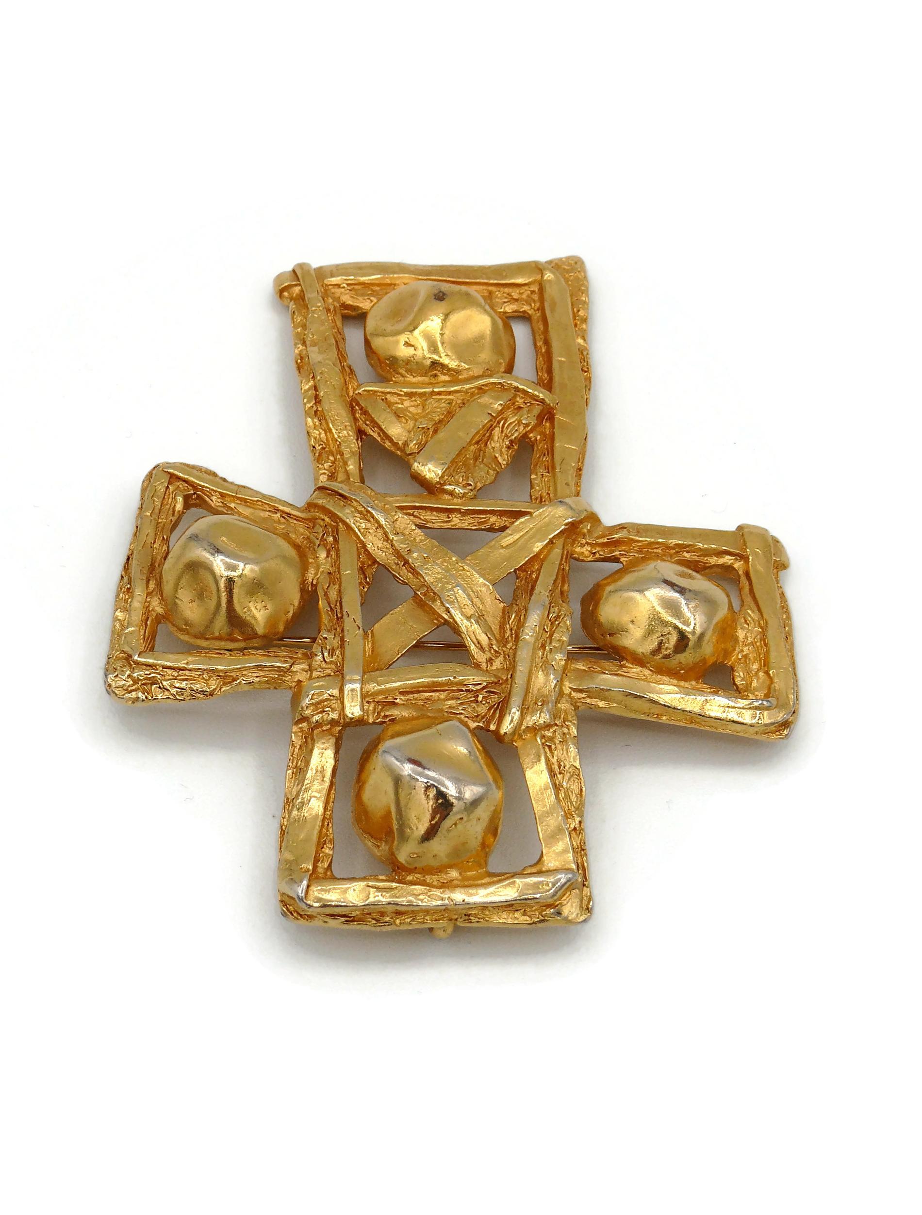Christian Lacroix Vintage Massive Gold Toned Openwork Cross Brooch Pendant For Sale 3