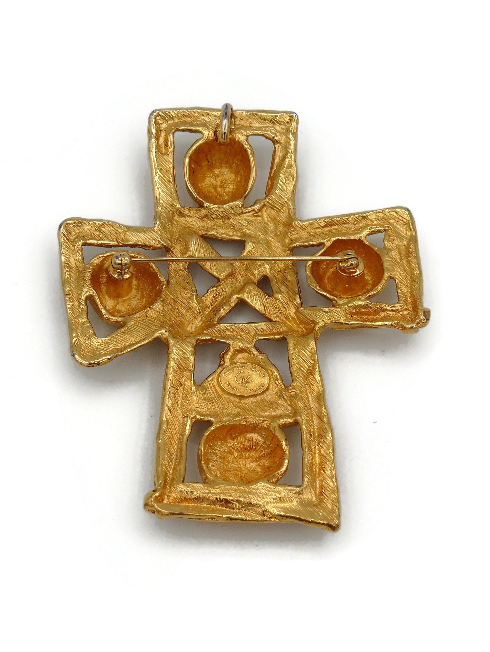 Christian Lacroix Vintage Massive Gold Toned Openwork Cross Brooch Pendant For Sale 4