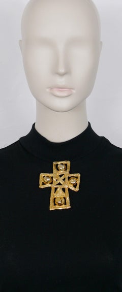 Christian Lacroix Vintage Massive Gold Toned Openwork Cross Brooch Pendant