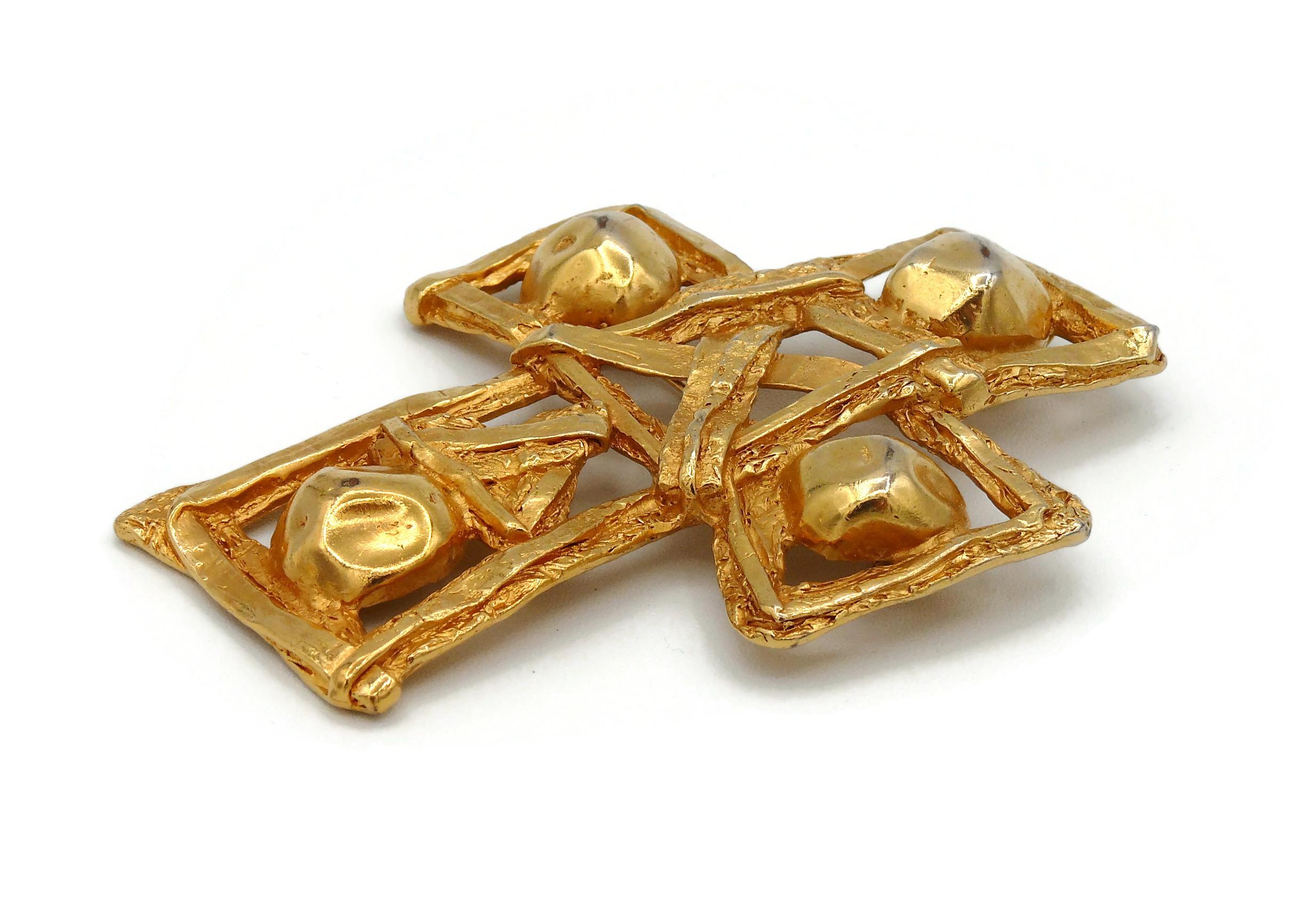 Christian Lacroix Vintage Massive Gold Toned Openwork Cross Brooch Pendant For Sale 2