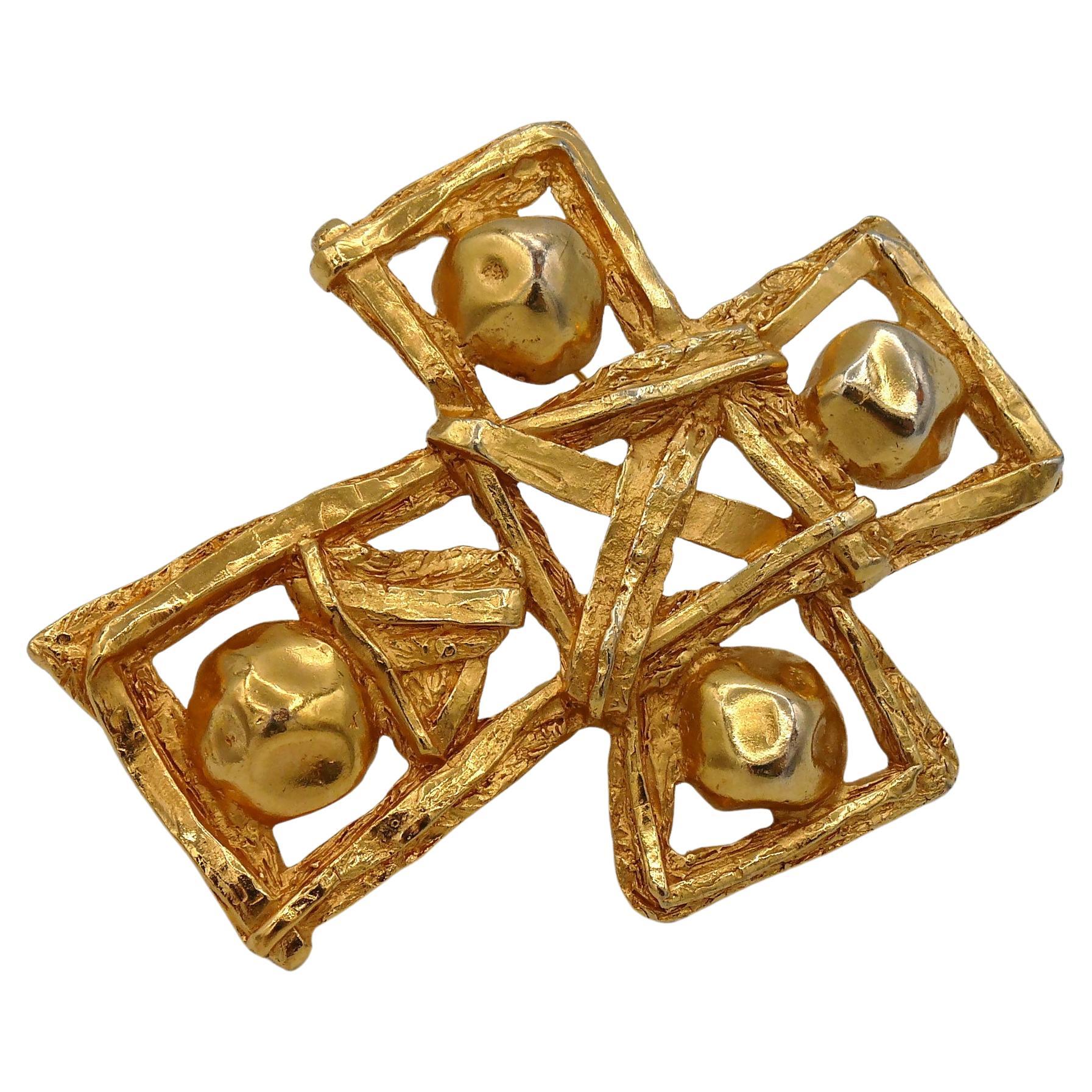 Christian Lacroix Vintage Massive Gold Toned Openwork Cross Brooch Pendant For Sale