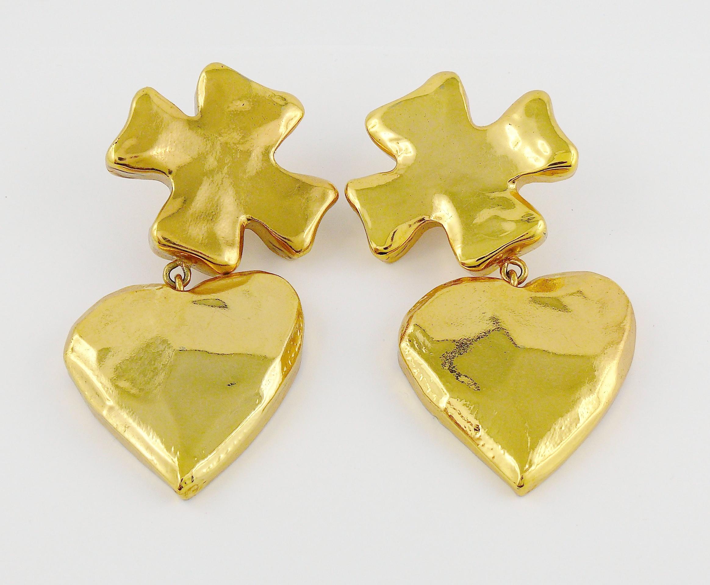 Women's Christian Lacroix Vintage Massive Iconic Cross Heart Dangling Earrings