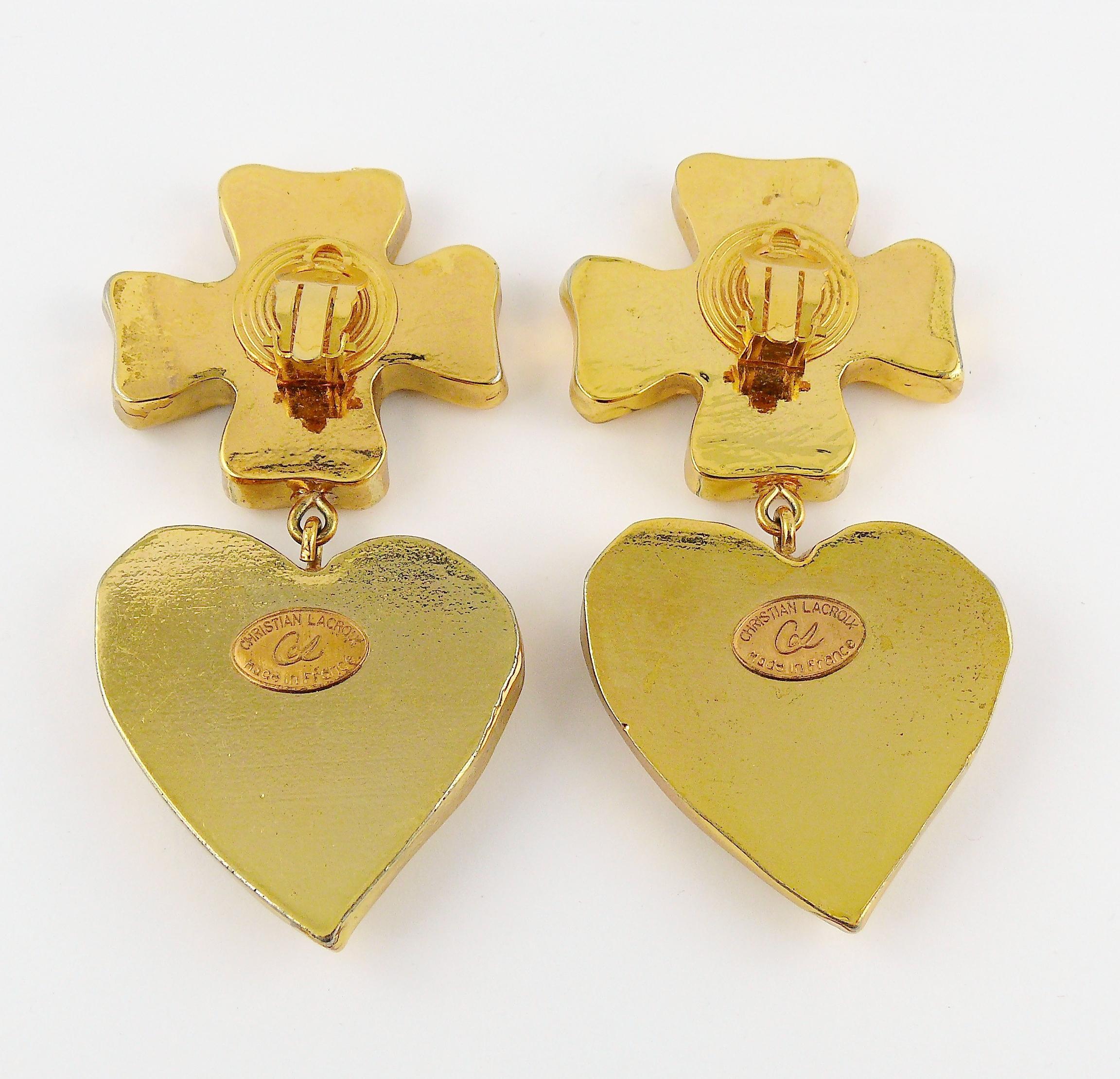 Christian Lacroix Vintage Massive Iconic Cross Heart Dangling Earrings 2