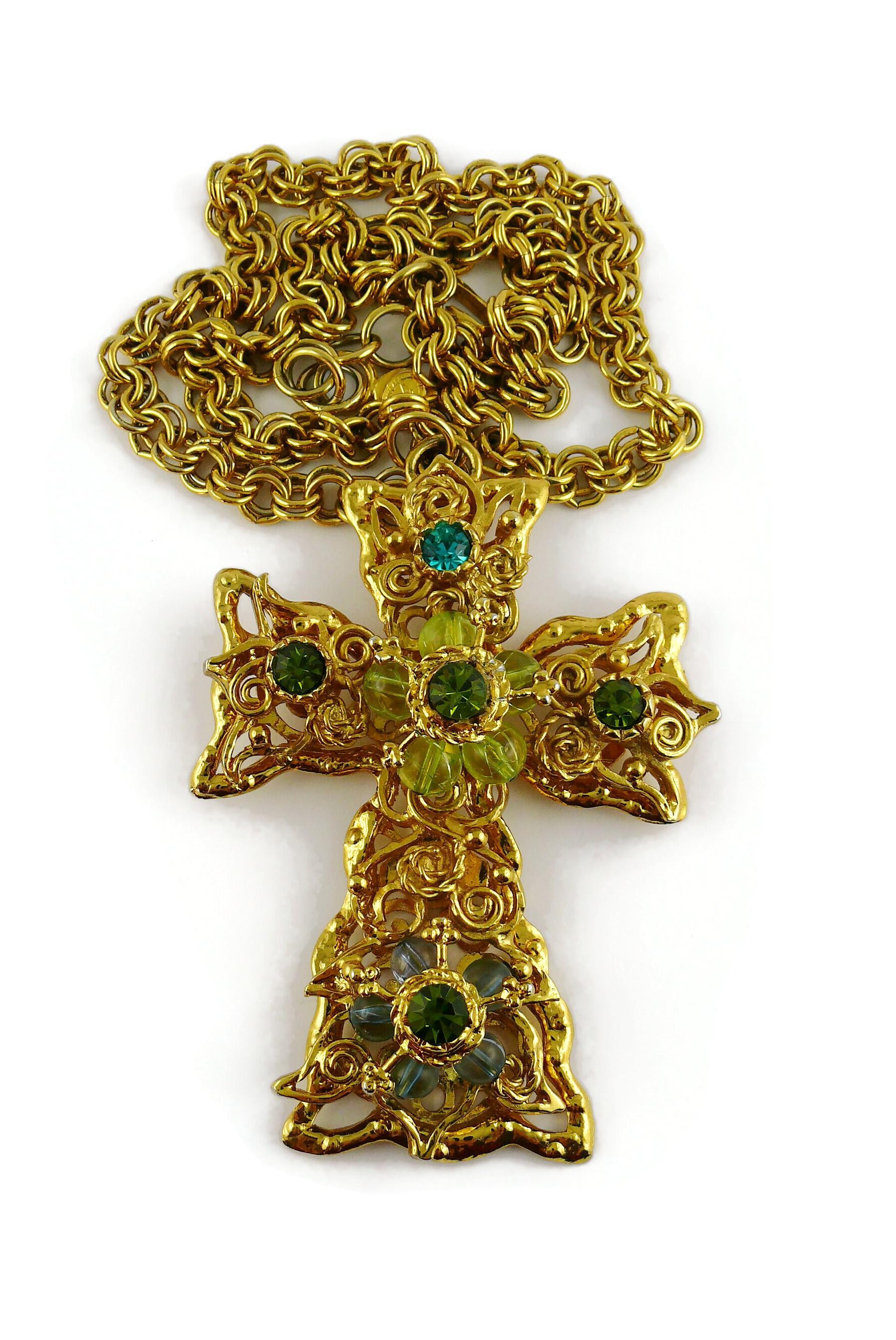 Christian Lacroix Vintage Massive Jewelled Cross Pendant Necklace In Fair Condition In Nice, FR