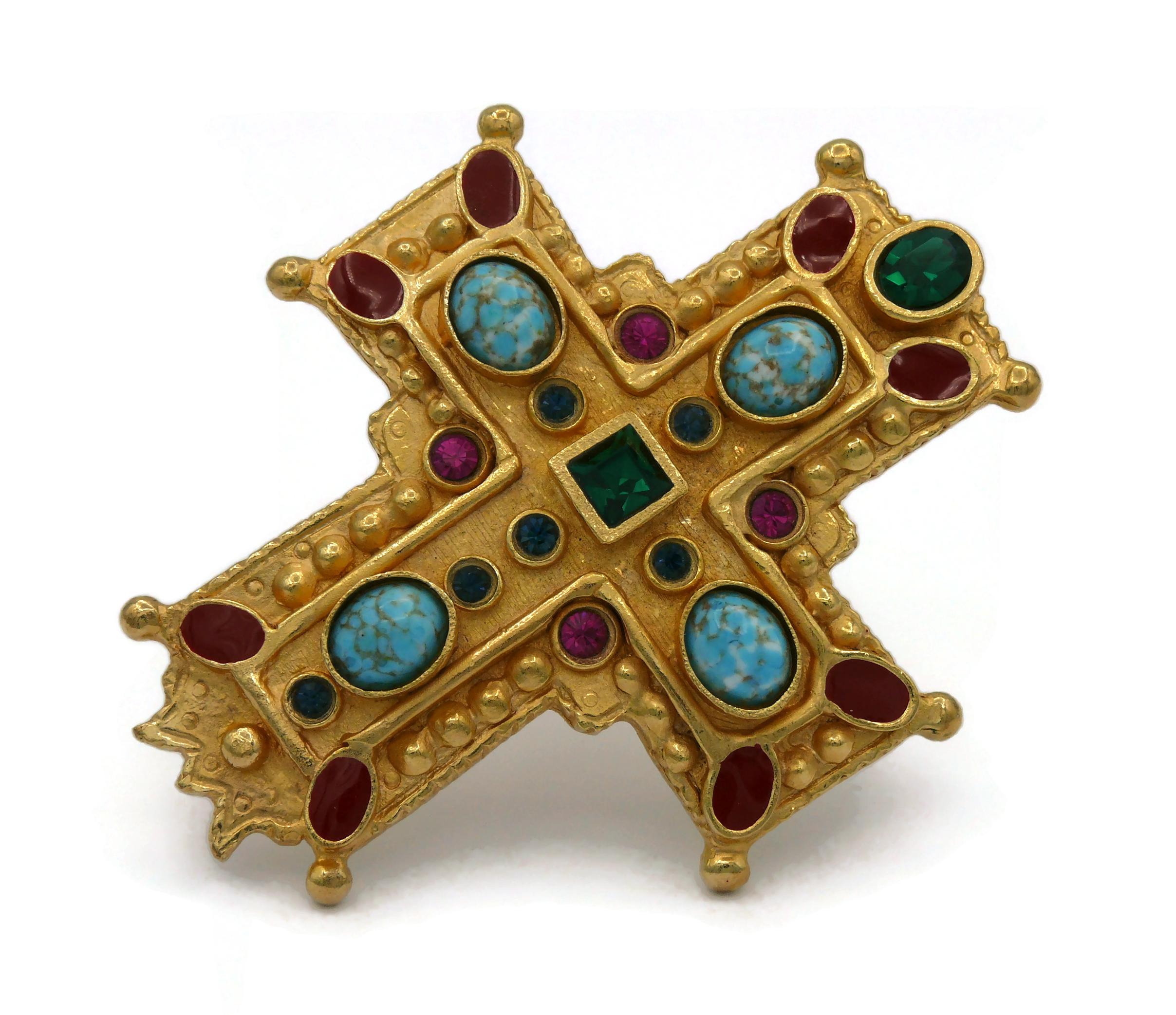 Women's CHRISTIAN LACROIX Vintage Massive Jewelled Gold Tone Cross Brooch Pendant For Sale
