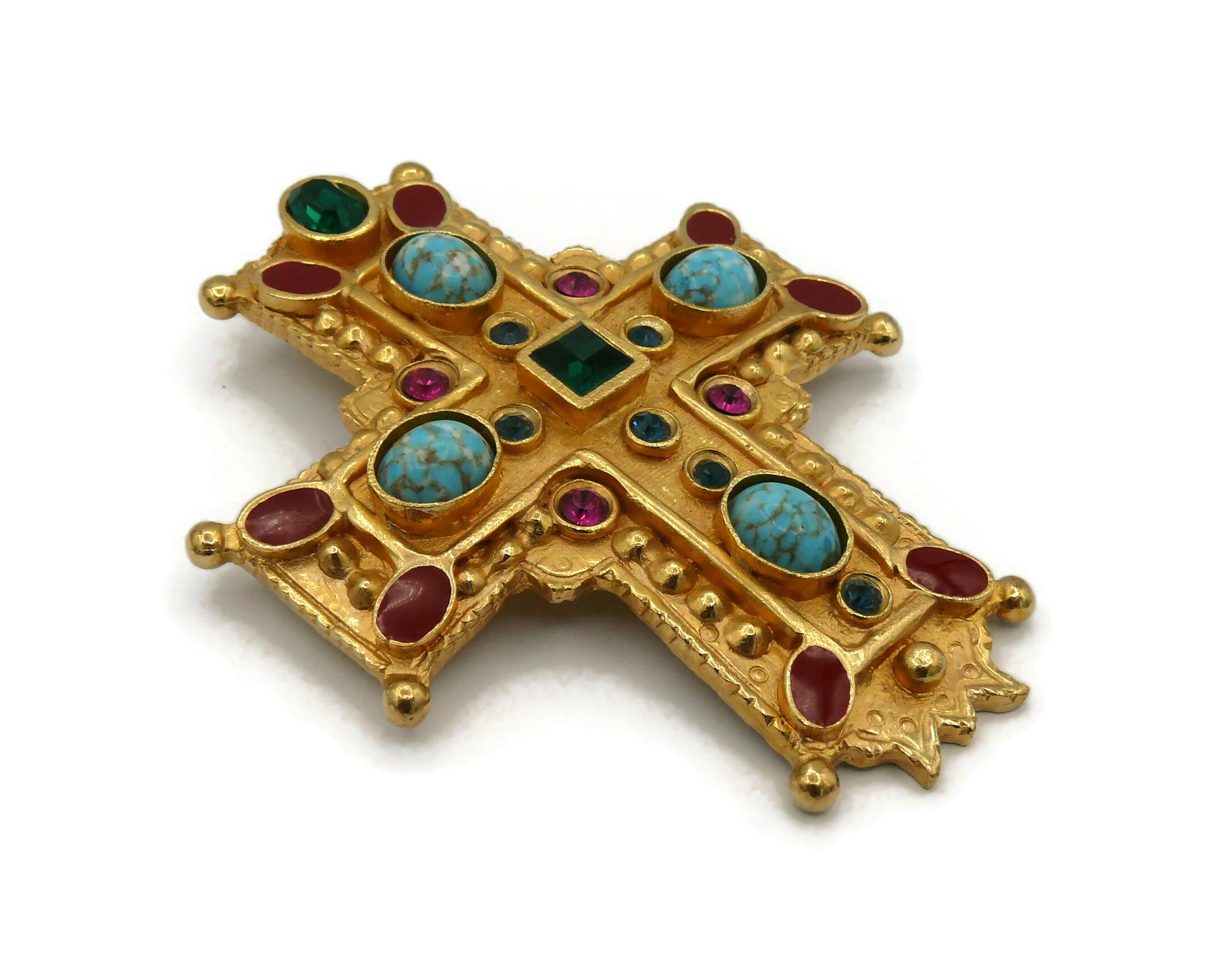 CHRISTIAN LACROIX Vintage Massive Jewelled Gold Tone Cross Brooch Pendant For Sale 2