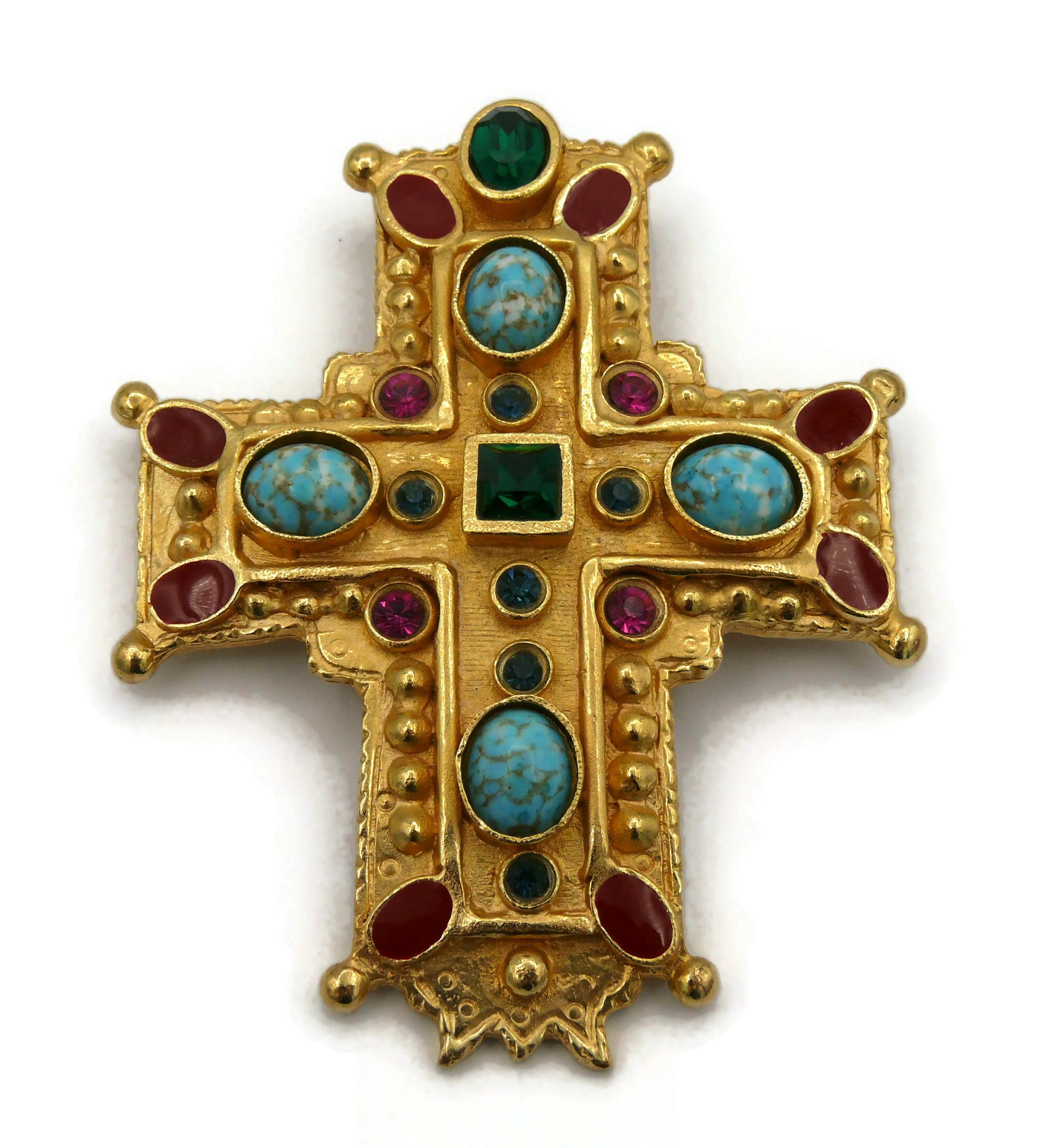 CHRISTIAN LACROIX Vintage Massive Jewelled Gold Tone Cross Brooch Pendant For Sale 3